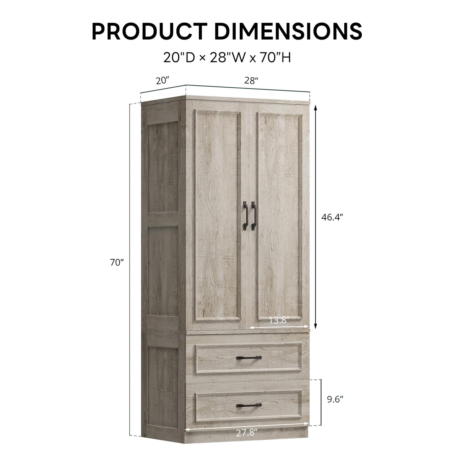 LIKIMIO Armoire Wardrobe Closet with 2 Doors and 2 Drawers 70" H x 28" W Wooden Bedroom Freestanding Wardrobe Combination for Hanging Clothes, Rustic Maple