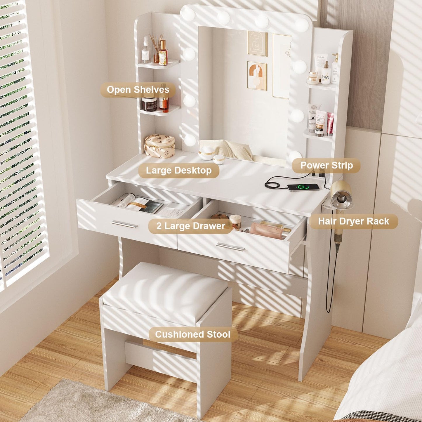 Vabches Vanity Desk with Mirror and Lights,Makeup Vanity Table with Charging Station,Vanity Set with 2 Drawers & Lots Storage Space,3 Lighting Modes Adjustable Brightness,White