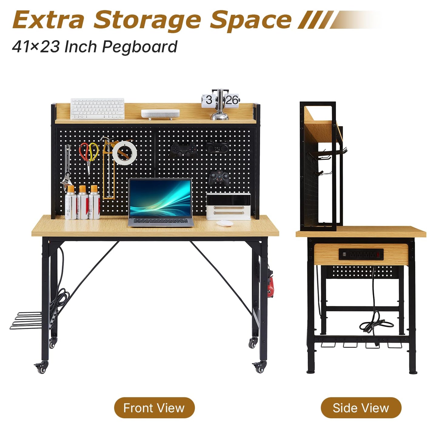 48" Adjustable Height Workbench with Pegboard, Work Benches for Garage, Heavy Duty Wood Top Work Bench with Wheels, 2000 LBS Load Capacity, Rolling Work Table with AC/USB Outlet Storage Shelf Hooks