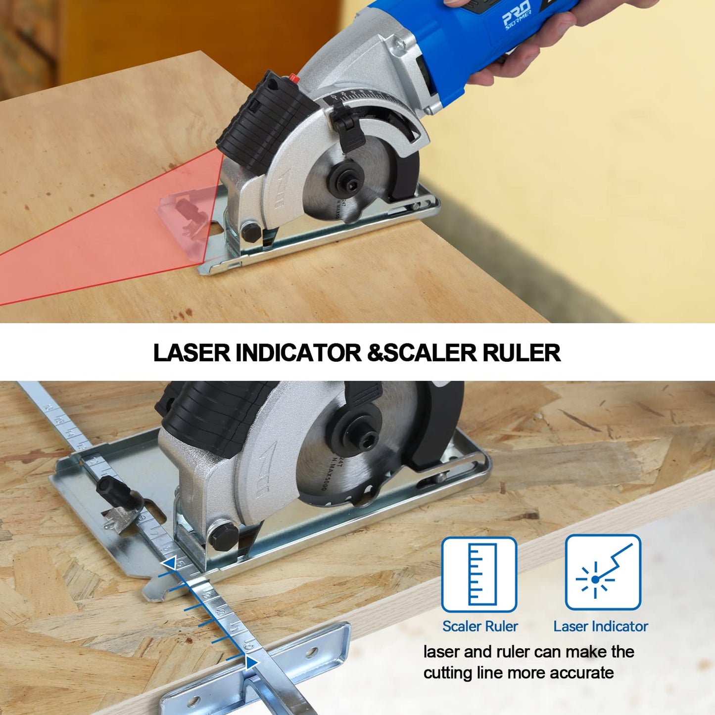 Mini Circular Saw, 3-3/8” 5000RPM Electric Compact Circular Saw, Laser Cutting Guide, with 6 Blades for Wood PVC, Metal,Tile Plastic