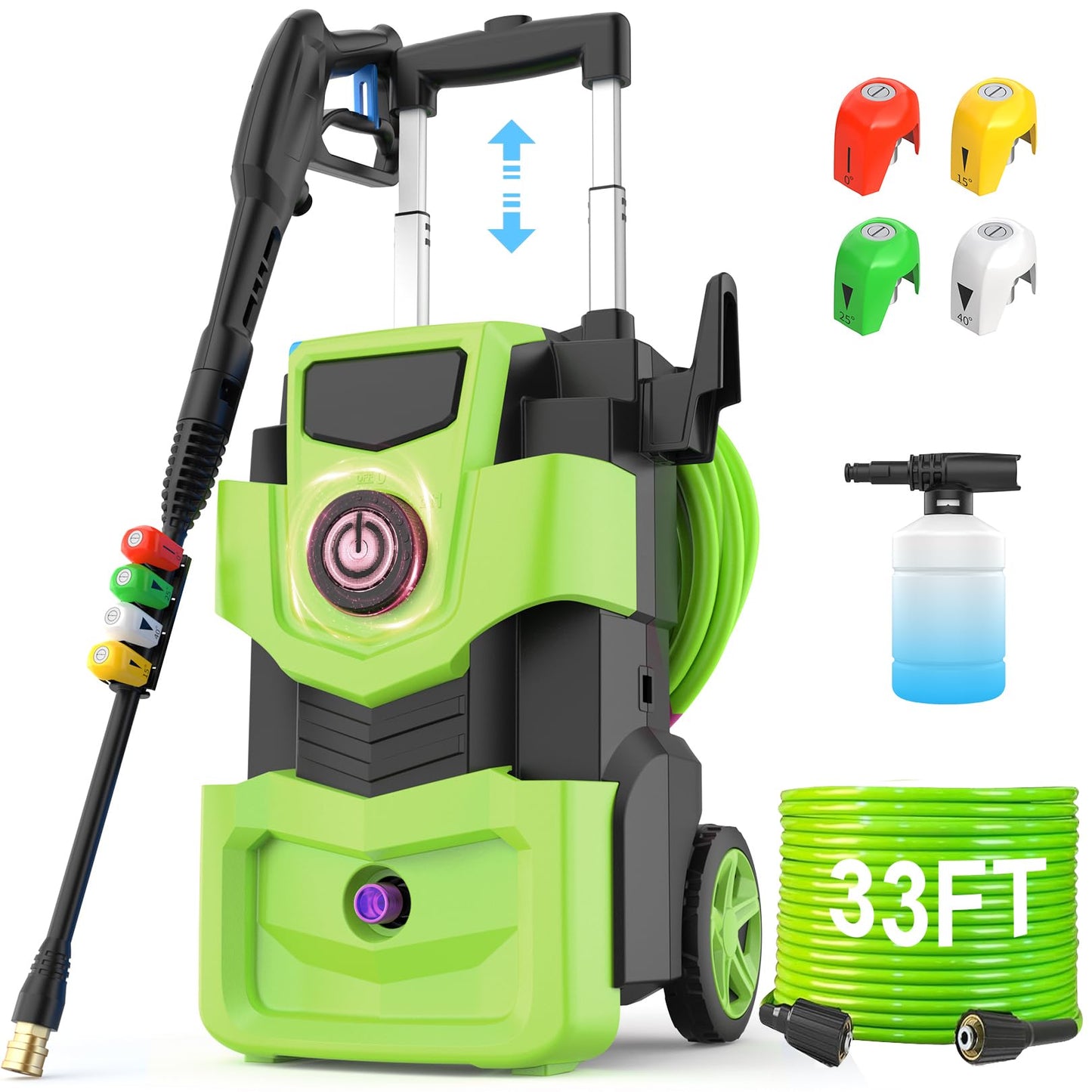 Imdot Adjustable Electric Pressure Washer with 33FT Flexible Extension Hose + 34FT Power Cord, 4 Nozzles, Foam Cannon, Best Power Washer for Cars, Patios, Driveways, Green