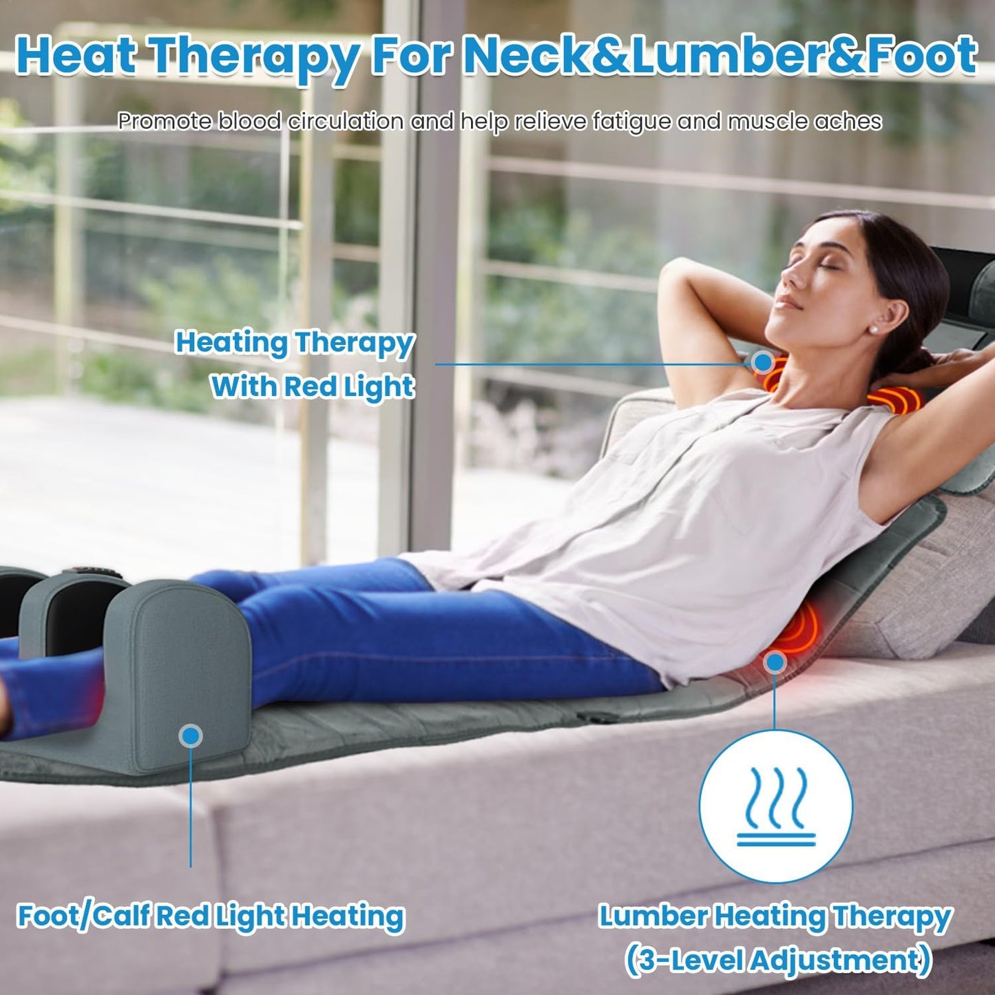 KOCASO Full Body Massage Mat with Heat, Electric Massage Mat Chair Pad Back/Neck/Foot Massager, Detachable Lumbar& Head Pillow W/ 2 Earplugs-Vibration & Kneading for Stress Relief/Gift