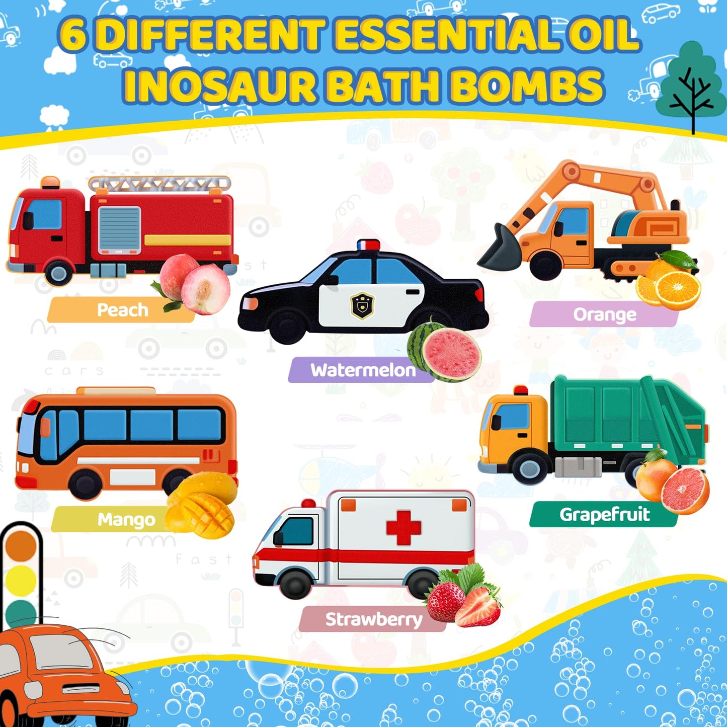 Bath Bombs for Kids, Perfect Mothers Day Gifts for Kids Girls, Handcrafted Car 6 Pack Natural Organic Bubble Bath Bomb Toys, Shaped Like Excavators, Police Car, School Buses, Fire Trucks