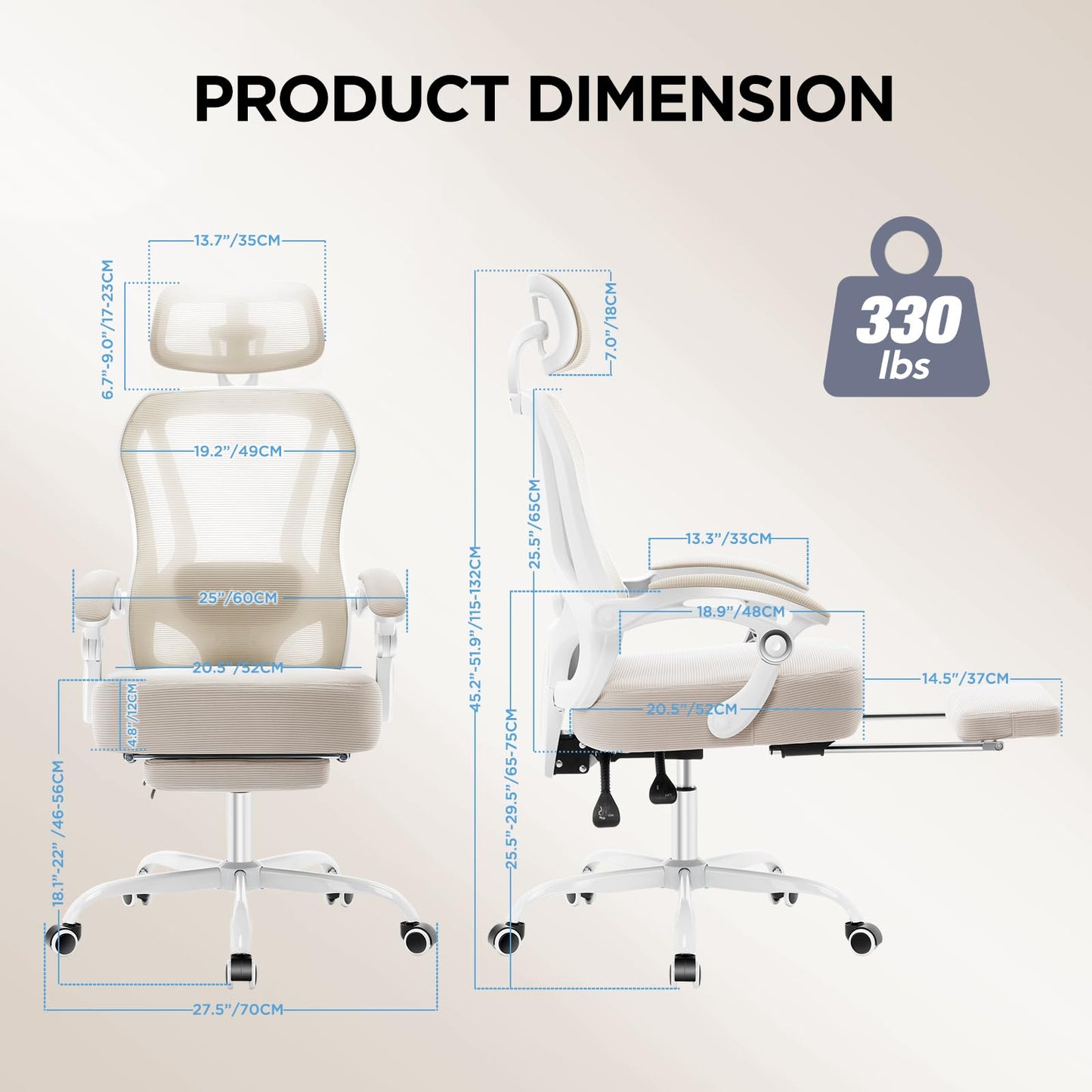 Ergonomic Office Chair with Footrest,Ultra Thick Reclining Desk Chair with Adjustable 2D Lumbar Support and Headrest,Spring Cushion,High Back Premium Mesh Computer Chair,Cream
