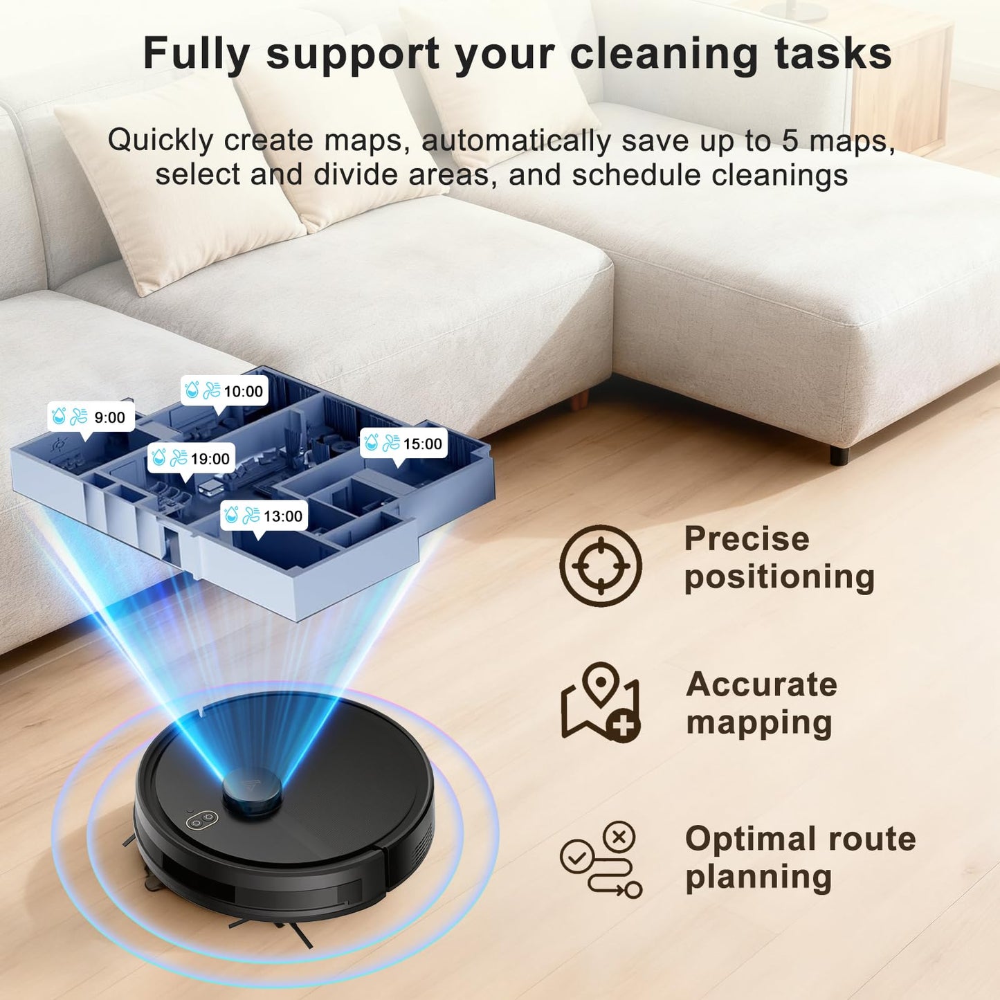 Robot Vacuum and Mop Combo, Robotic Vacuums with LiDAR Navigation, Smart Mapping, Strong Suction, with WiFi/App/Alexa/Voice Control, Obstacle Avoidance, for Home, Wood/Hard Floors, Pet Hair Black