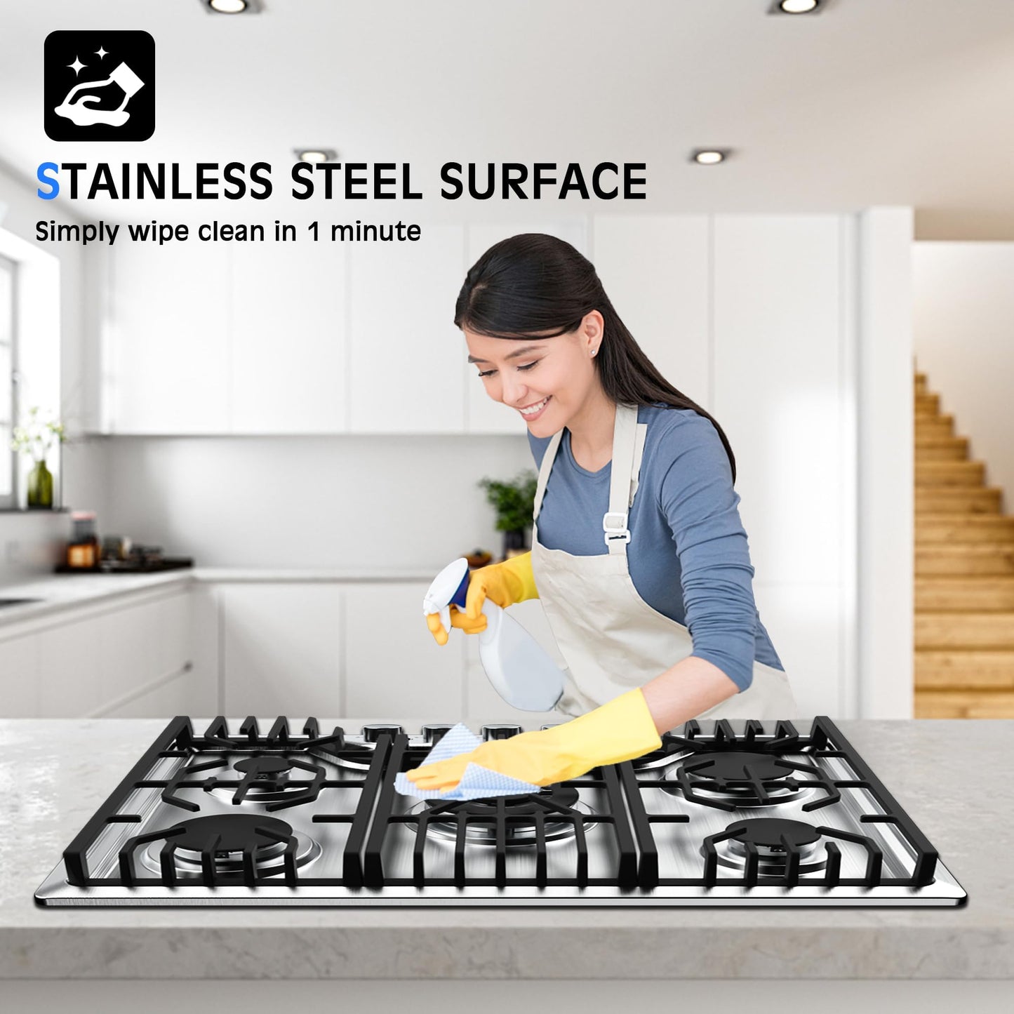 KOXKING 36 Inch Gas Cooktop, 5 Burners Dual Fuel (LPG/NG Convertible), Stainless Steel Gas Stove Top with Thermocouple Protection, Built-in Range, Easy to Clean