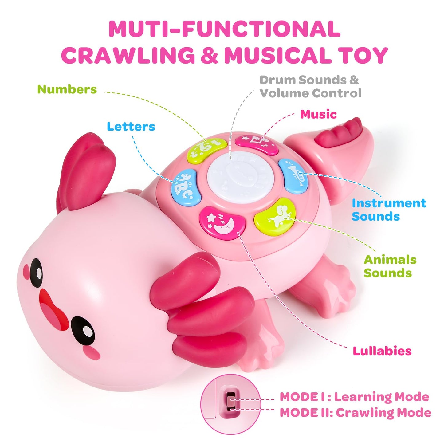 Baby Toys 6 to 12 Months, Light Up Tummy Time Toy for 12-18 Months, Crawling Axolotl Early Educational Musical Toy with Light, Christmas Birthday Gifts for Infant Baby 6-12 Month 1 2 Year Old
