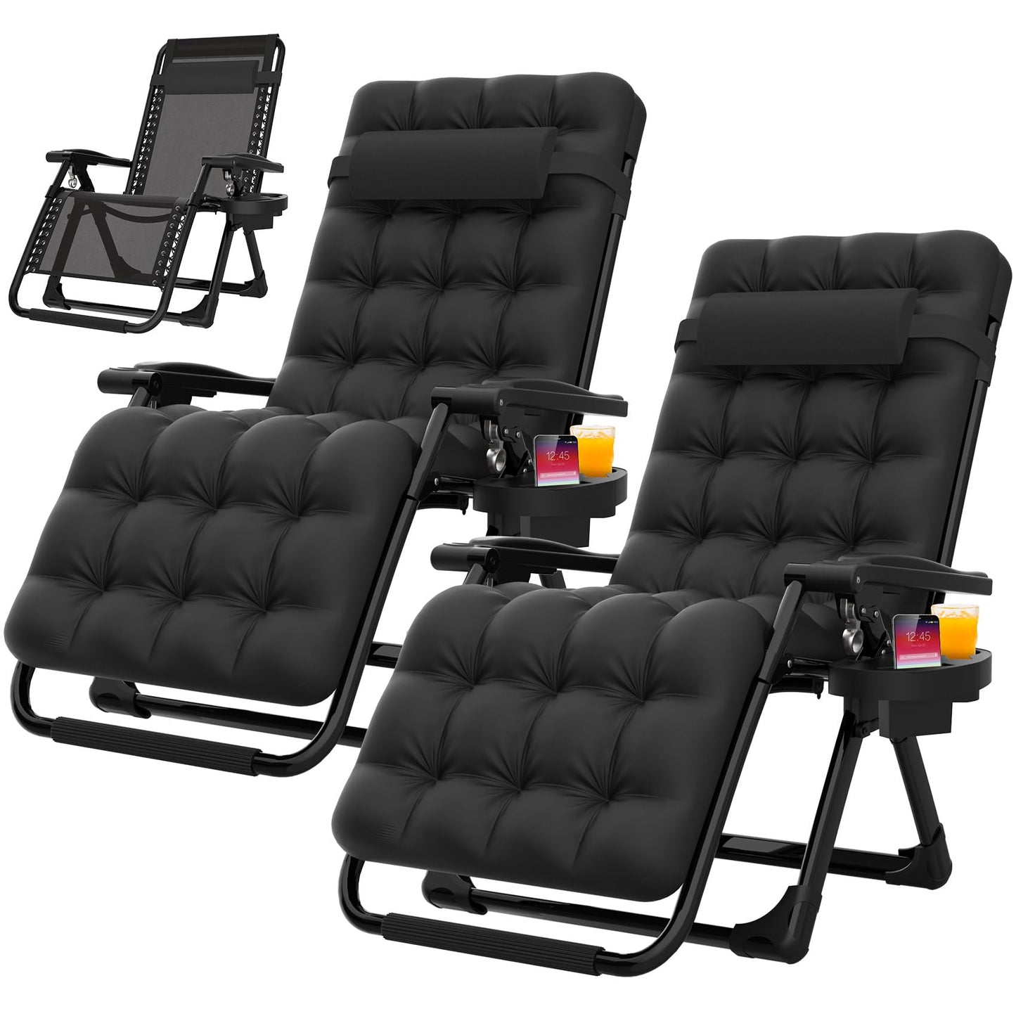 Suteck Zero Gravity Chair Set of 2, Reclining Camping Lounge Chair w/Removable Cushion, Upgraded Lock and Cup Holder, Reclining Patio Chairs Folding Recliner for Indoor and Outdoor