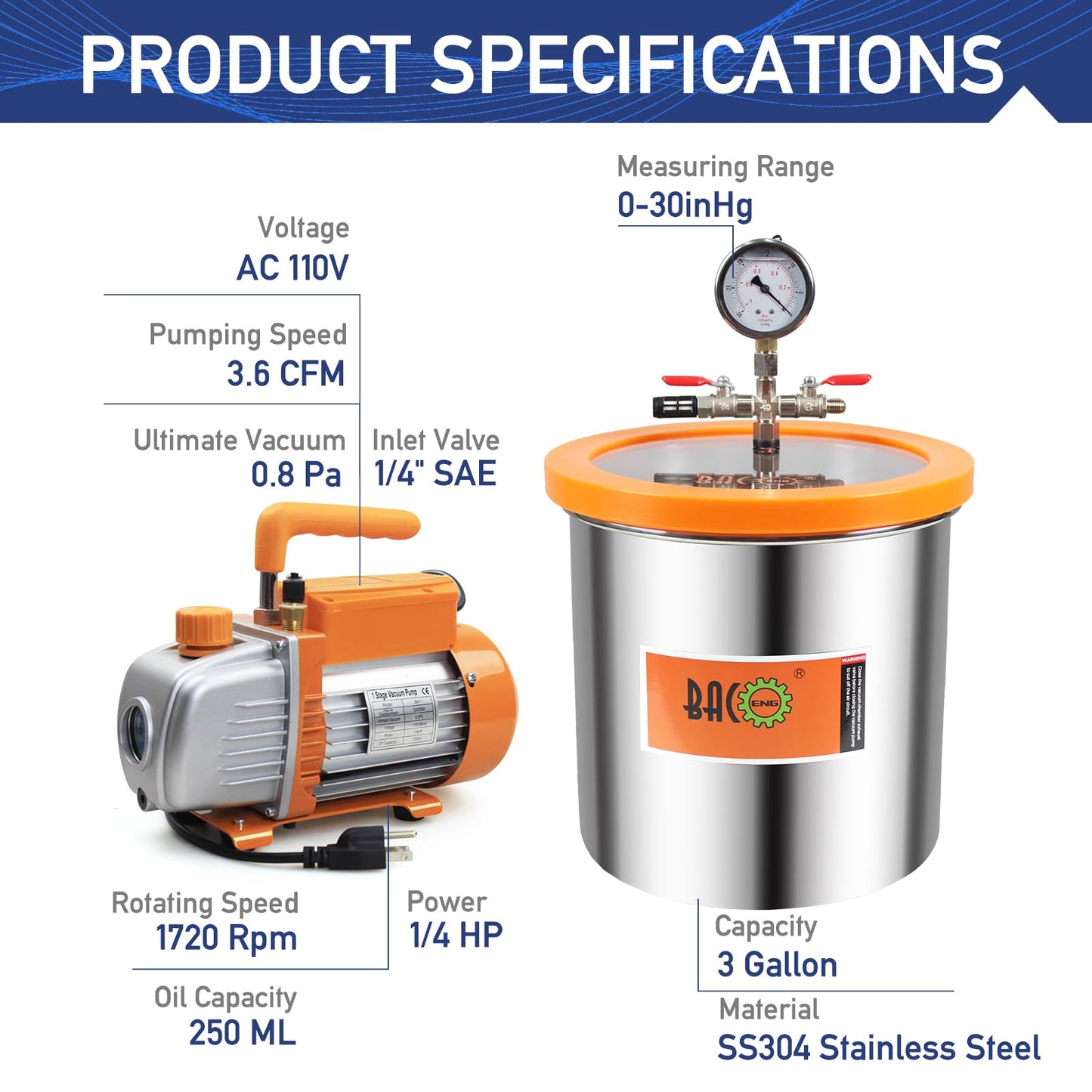 BACOENG 3 Gallon Vacuum Chamber with Pump, Stainless Steel Acrylic Lid Degassing Chamber Kit for Resin, Silicone and Epoxies