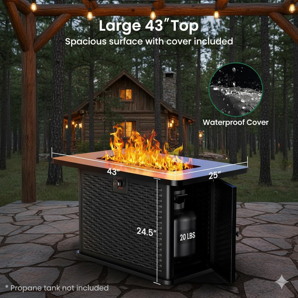 Ciays 43-Inch Rectangular Propane Fire Pit Table - 60,000 BTU, CSA-Certified 2-in-1 Design, 304 Stainless Steel H-Burner, Included Cover & Lava Rocks - Ideal for Gatherings & Parties