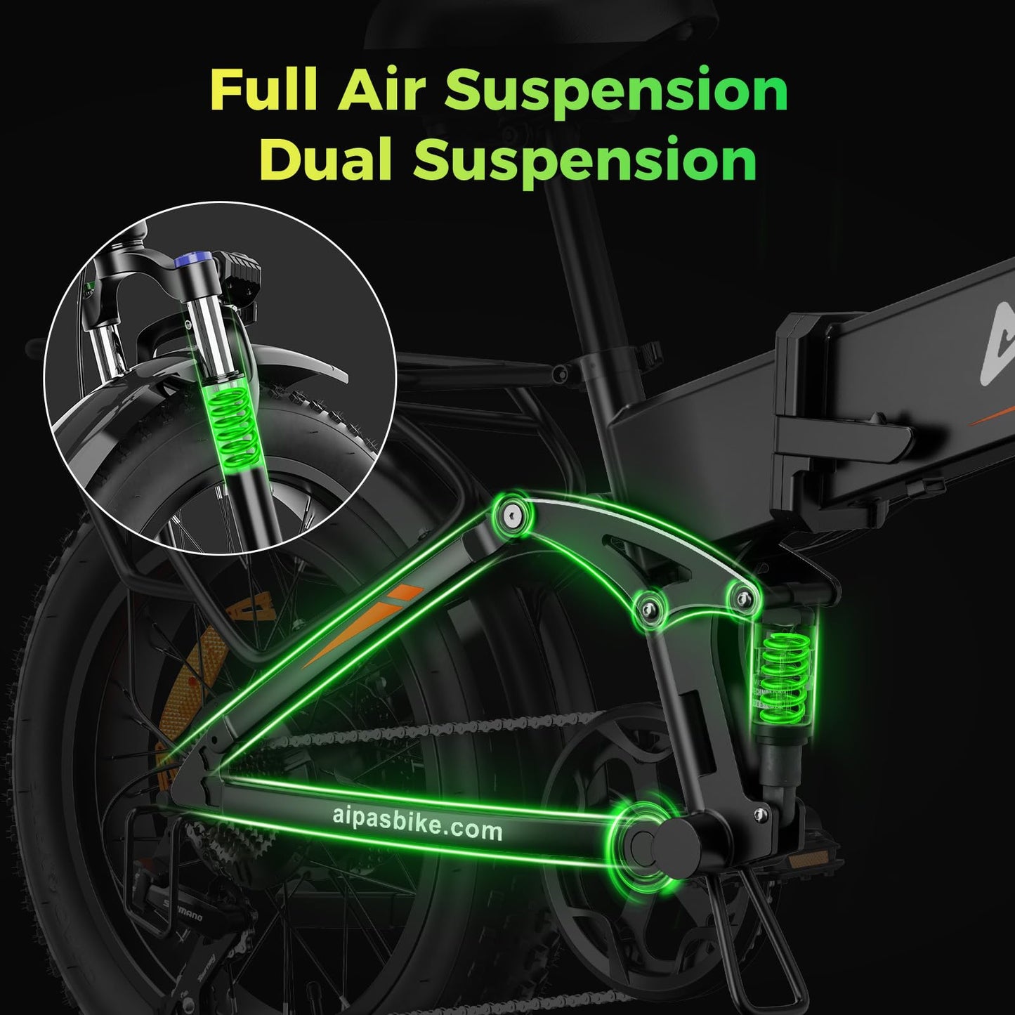 Aipas F3 Electric Bike for Adults with 1500W Motor Peak, 48V 12.8Ah Removable Battery Max 62 Miles 28MPH,20" x 3.0 Fat Tire Folding Electric Bike with 7-Speed and Full Suspension.