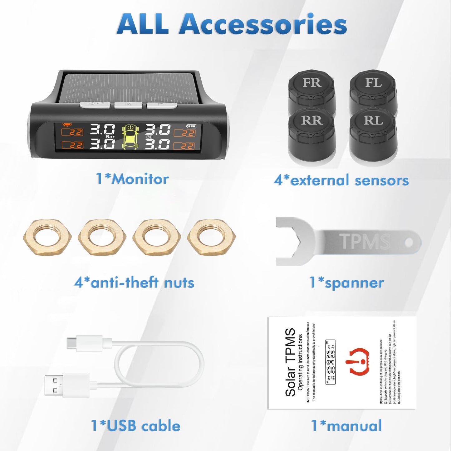Avutrel Tire Pressure Monitoring System,TPMS with Solar Charging&USB Charging,5Alarm Modes, Real Time Monitoring Pressure and Temperature, Auto& Color Display Screens,Suitable for 4 Wheeled Vehicles