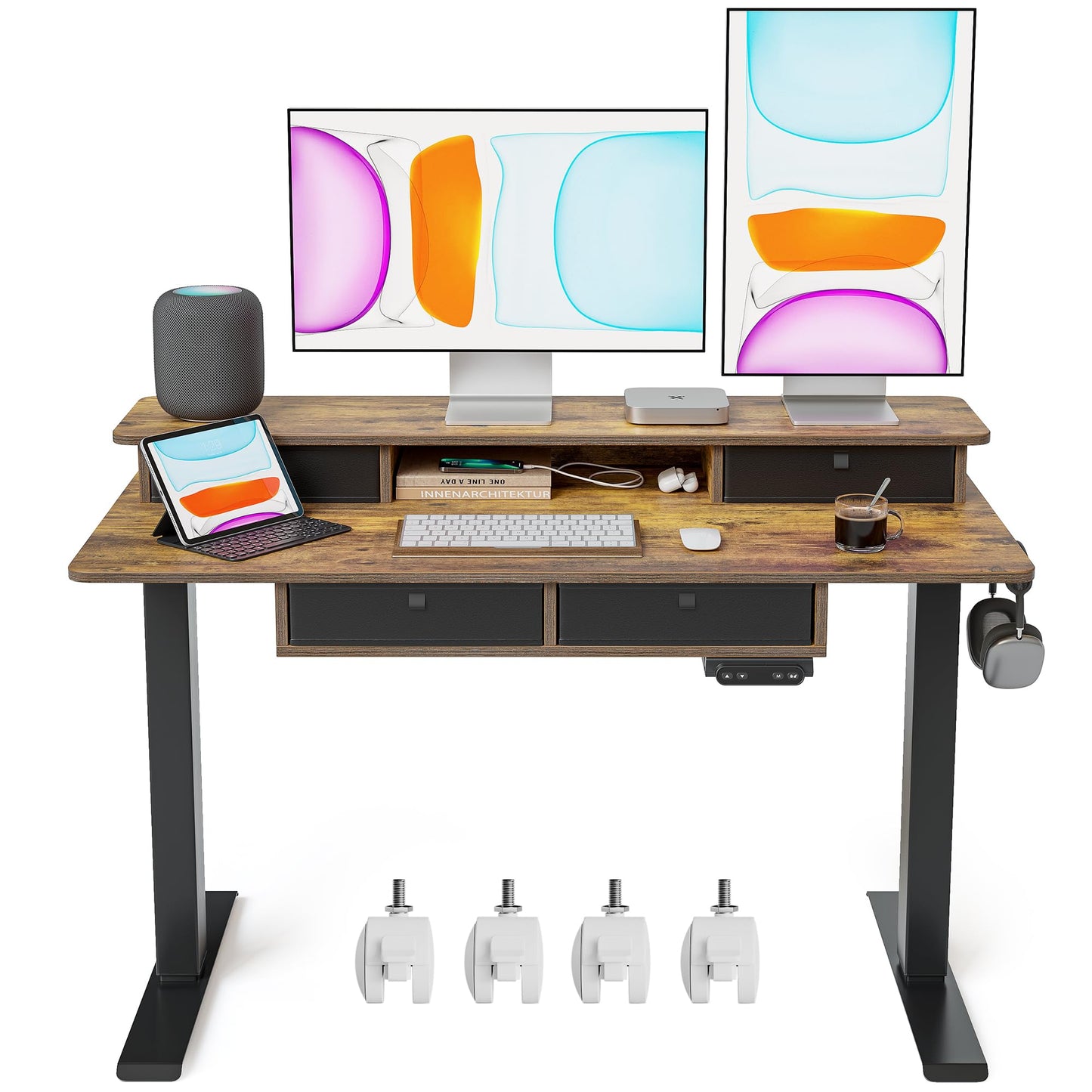 BANTI Height Adjustable Electric Standing Desk with 4 Drawers, 48 x 24 Inch Table with Storage Shelf, Sit Stand Desk, Rustic Brown Top