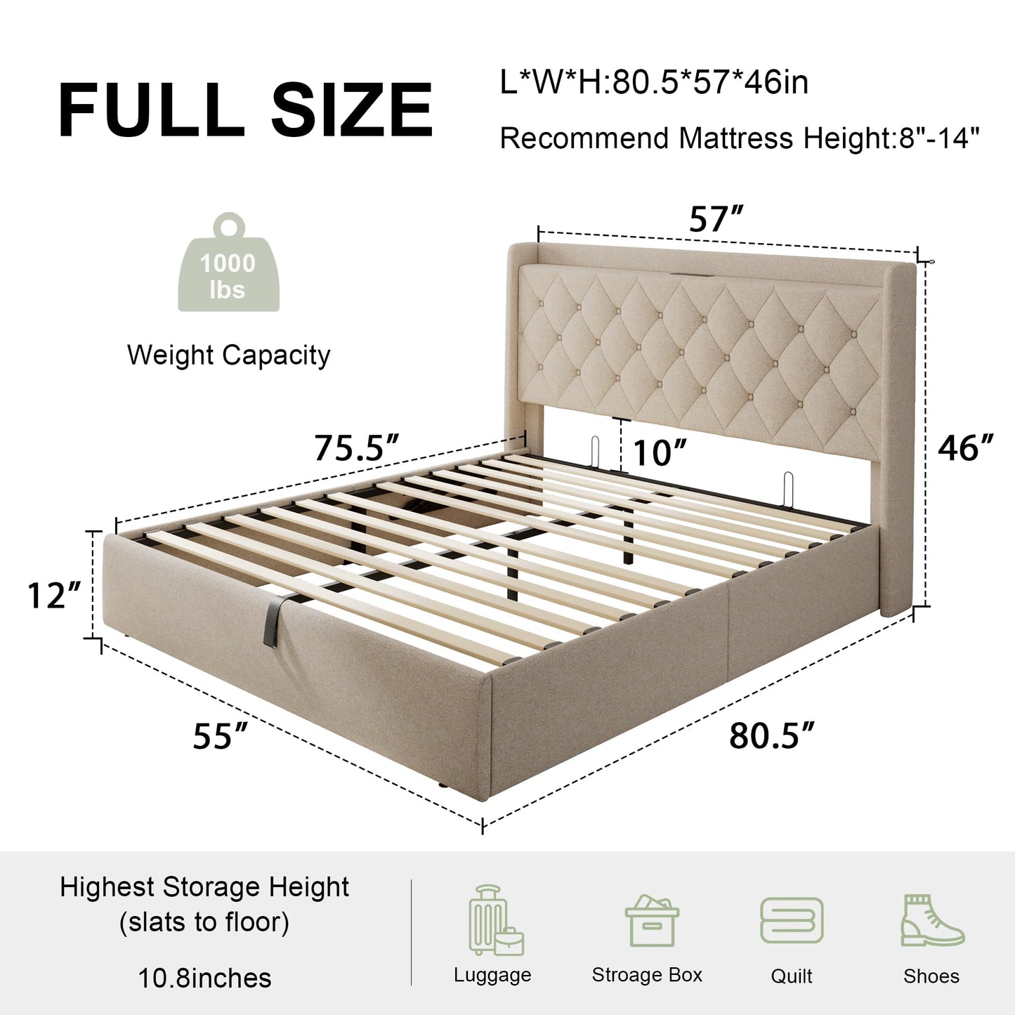 Feonase Full Size Bed Frame with Storage & Charging Station - Hydraulic Lift Up Platform Bed, Upholstered Button Tufted Headboard, Sturdy Wooden Slats, Noise-Free, No Box Spring Needed,Beige