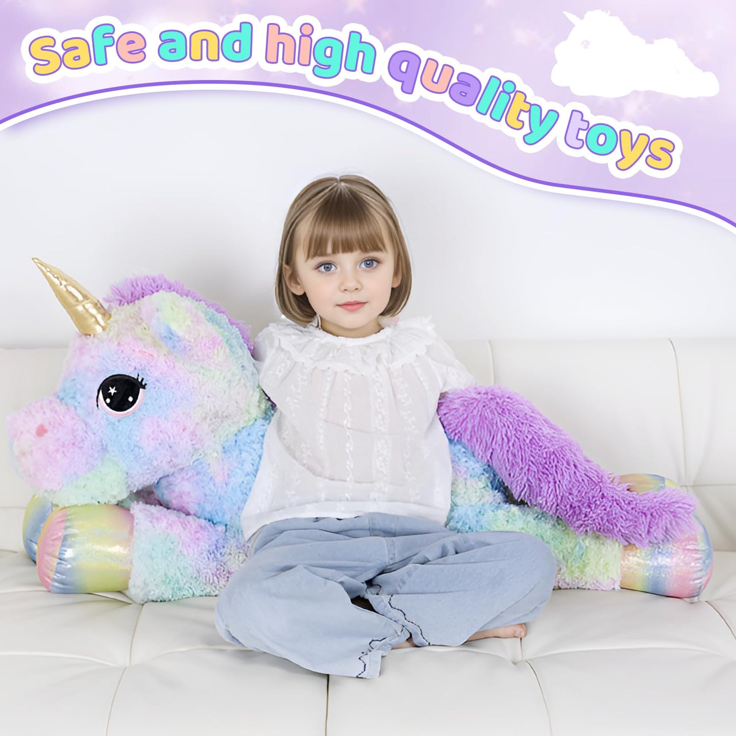 FFxiong 44 Inch Giant Rose Rainbow Unicorn Stuffed Animal Plush Toy with Wings Soft Cute Large Unicorn Plushies Animals Body Pillow Gift for Children Boy Girl Kids Birthday Valentine Room Decorations