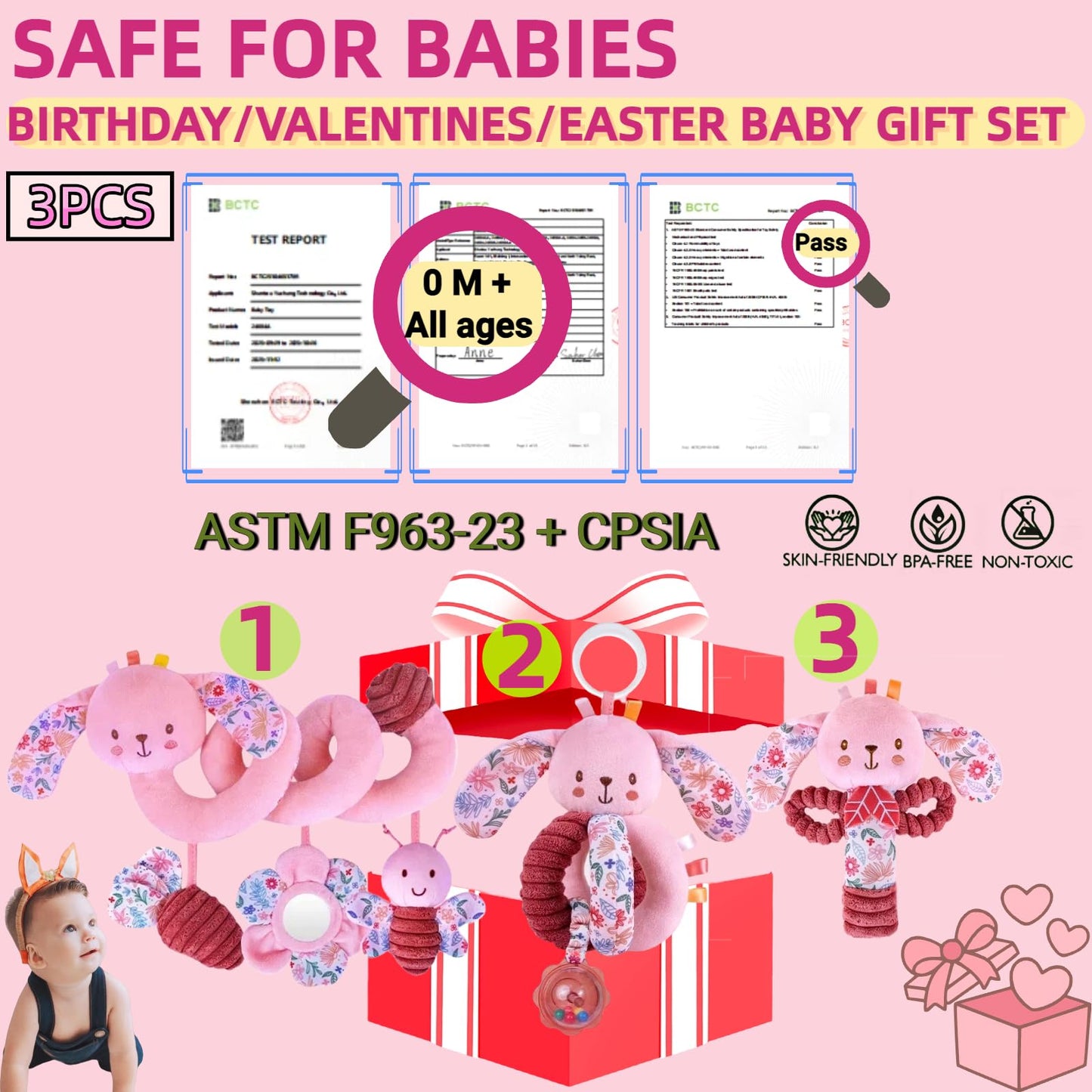 chochumy Baby Spiral Car Seat Toys for Babies 0-6 Months Girl, Stroller Hanging Stuffed Animal Carseat Crinkle Rabbit Toy 0-3-4-5-7-8-9-12 Month, Newborn Infant Gifts Easter Basket Stuffers Bunny 3PCS