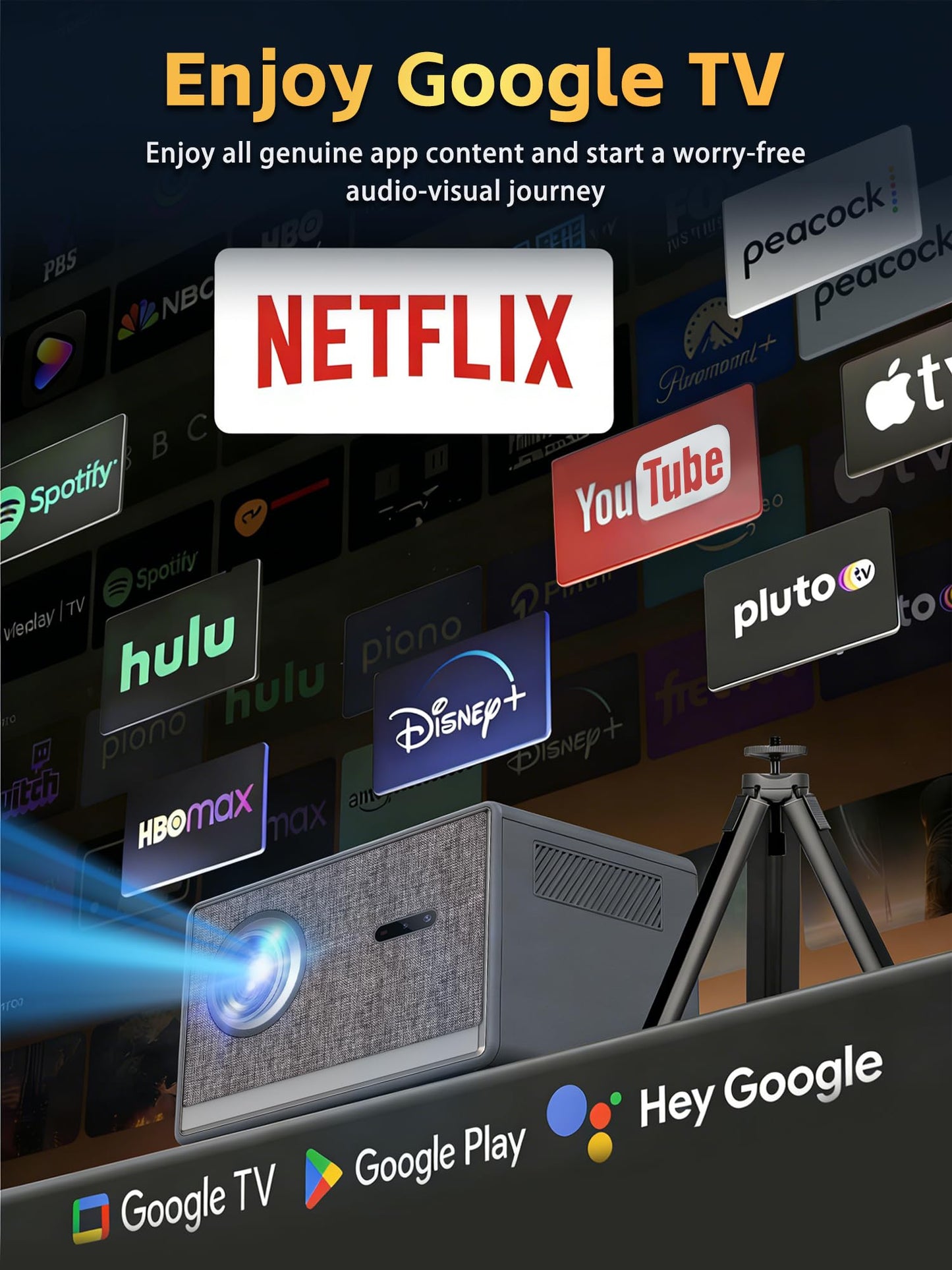 Movie Projector with Google TV & Voice Assistant,1500 ANSI Lumens 1080P Native,4K Support Outdoor Smart Projector, Auto Focus,Office Home Theater Video Projector with WiFi 6 & Bluetooth