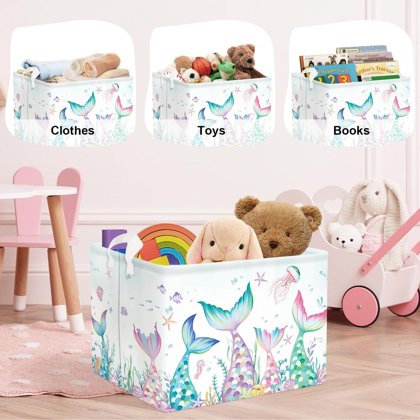 HUUMONSS Fantasy Princess Laundry Hamper Colorful Large Storage Basket Collapsible Parents Organizer Kids Toy Clothes Bins for Bedroom, Bathroom, Mermaid, 36L