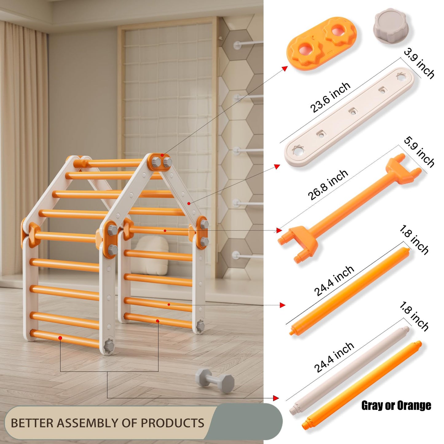 HTWELL Toddler Climbing Toys,Kids Pikler Triangle Set,Montessori Indoor Play Gym,Multifunction Foldable Indoor Climbing Gym for Kids(Orange)