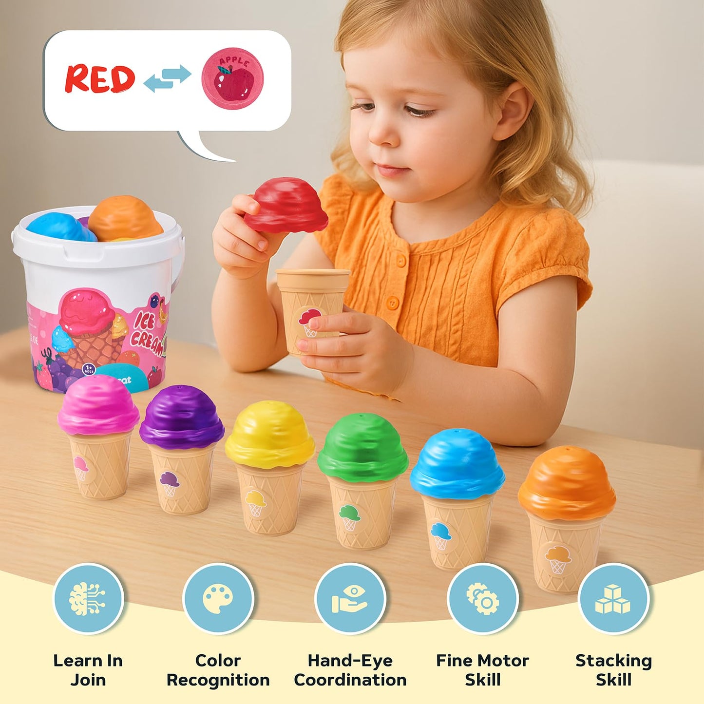 JOYCAT Ice Cream Toys, Color Recognition Stacking Play Set with 7 Matching Cones & Scoops, Pretend Play Food for Kids +Soft Baby Beehive with 5 Sensory Bees