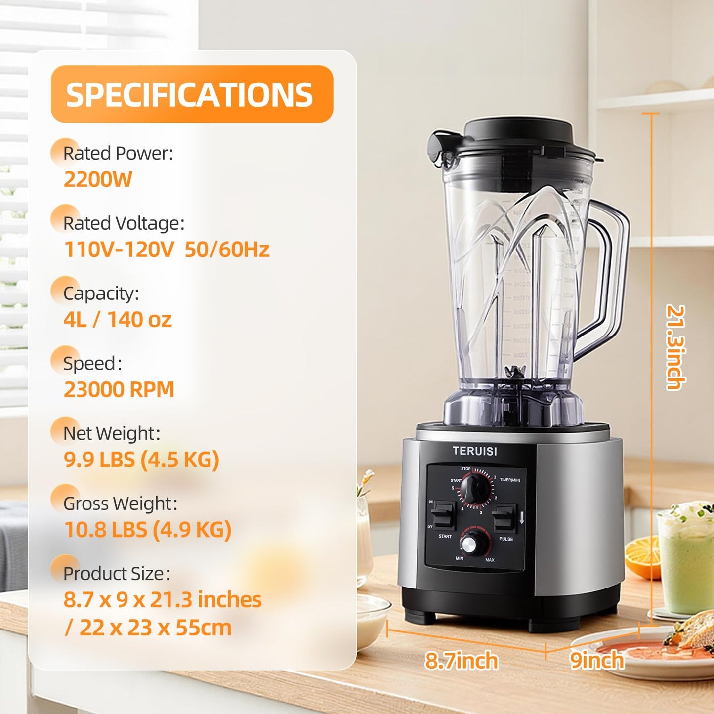 TERUISI 140 Oz / 4 L Commercial Blender, Professional Large Blender with Adjustable Speed & Timer Functions, 2200W High Powered Blenders with 23000RPM for Kitchen Shakes, Smoothies, Peree, Crush Ice