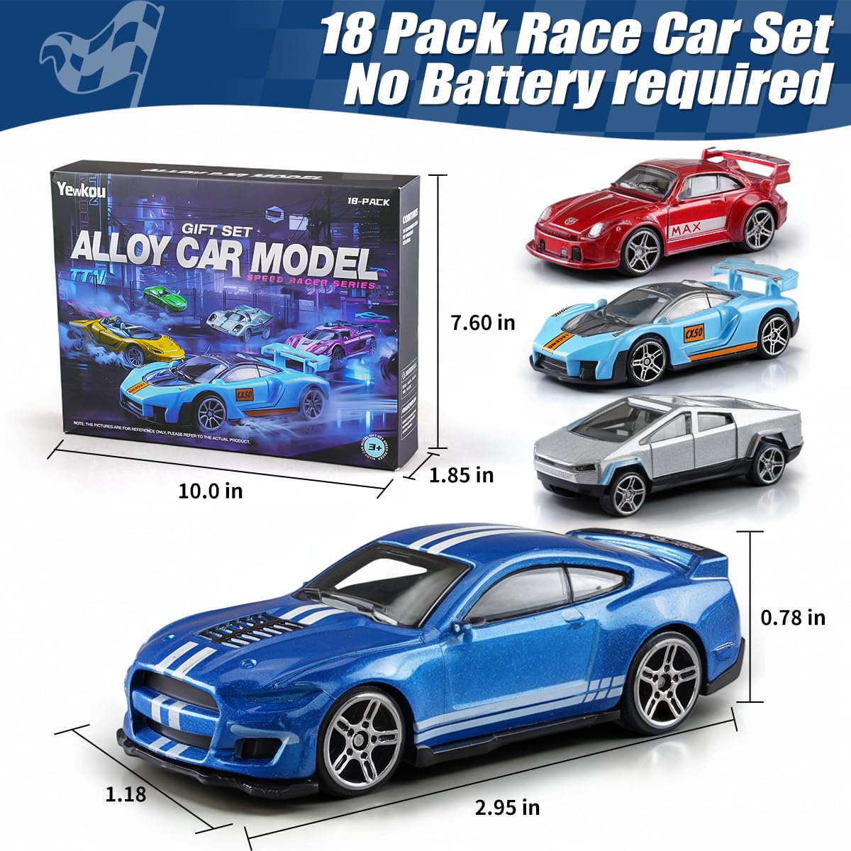 Yewkou Toys Cars 18-Pack, 1:64 Scale Die-Cast Metal Vehicles Set, Includes Pickup, Racing Cars,Sports Cars for Display or Play, Great Gift for Kids Age 3 Years and Up (18 Pack)