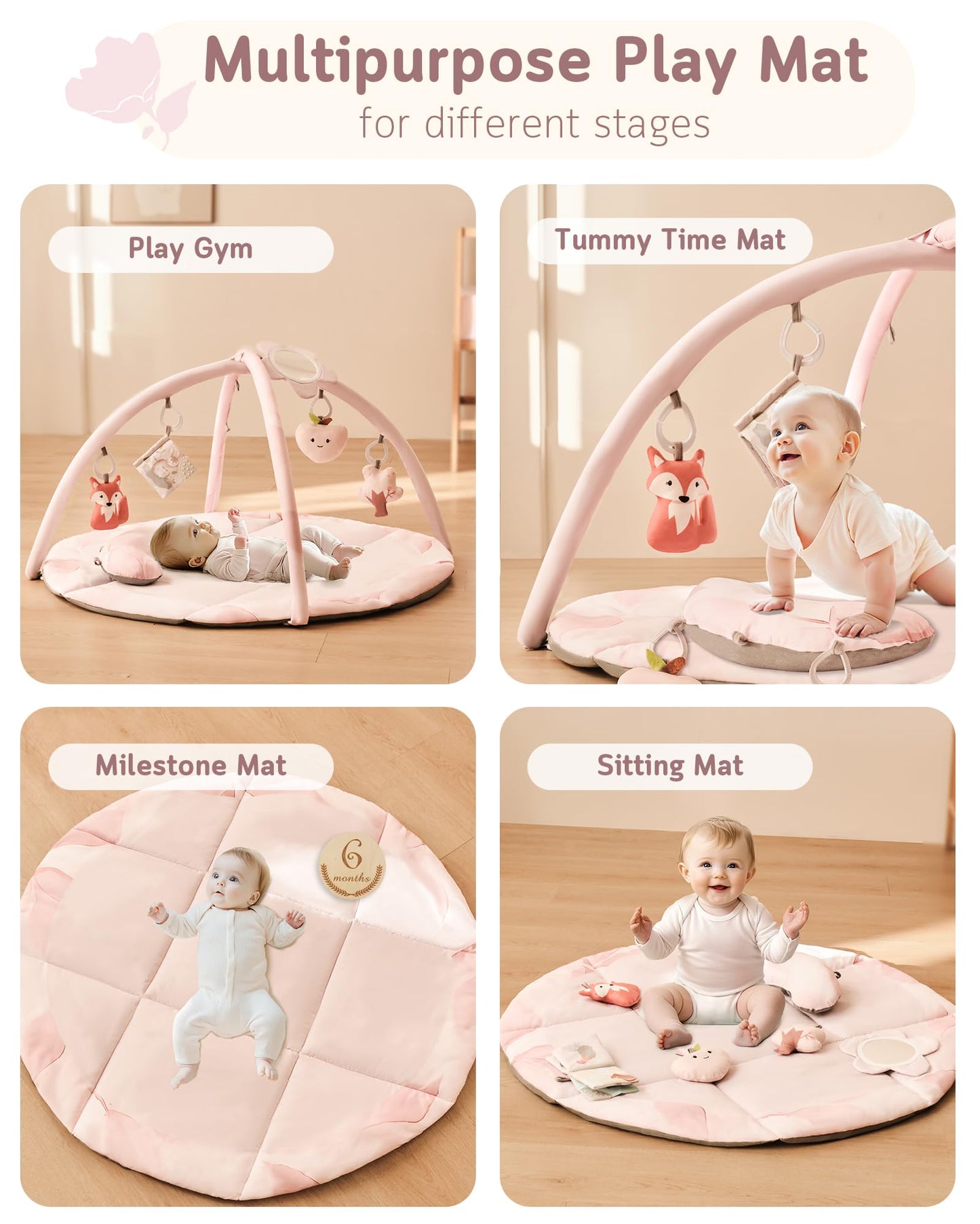 Fortella Baby Play Gym & Activity Mat, Machine Washable & Foldable Tummy Time Mat with 5 Detachable Toys, Certified Safe Newborn Essentials Gift for Baby Registry 0-12 Months (Rose Pink)