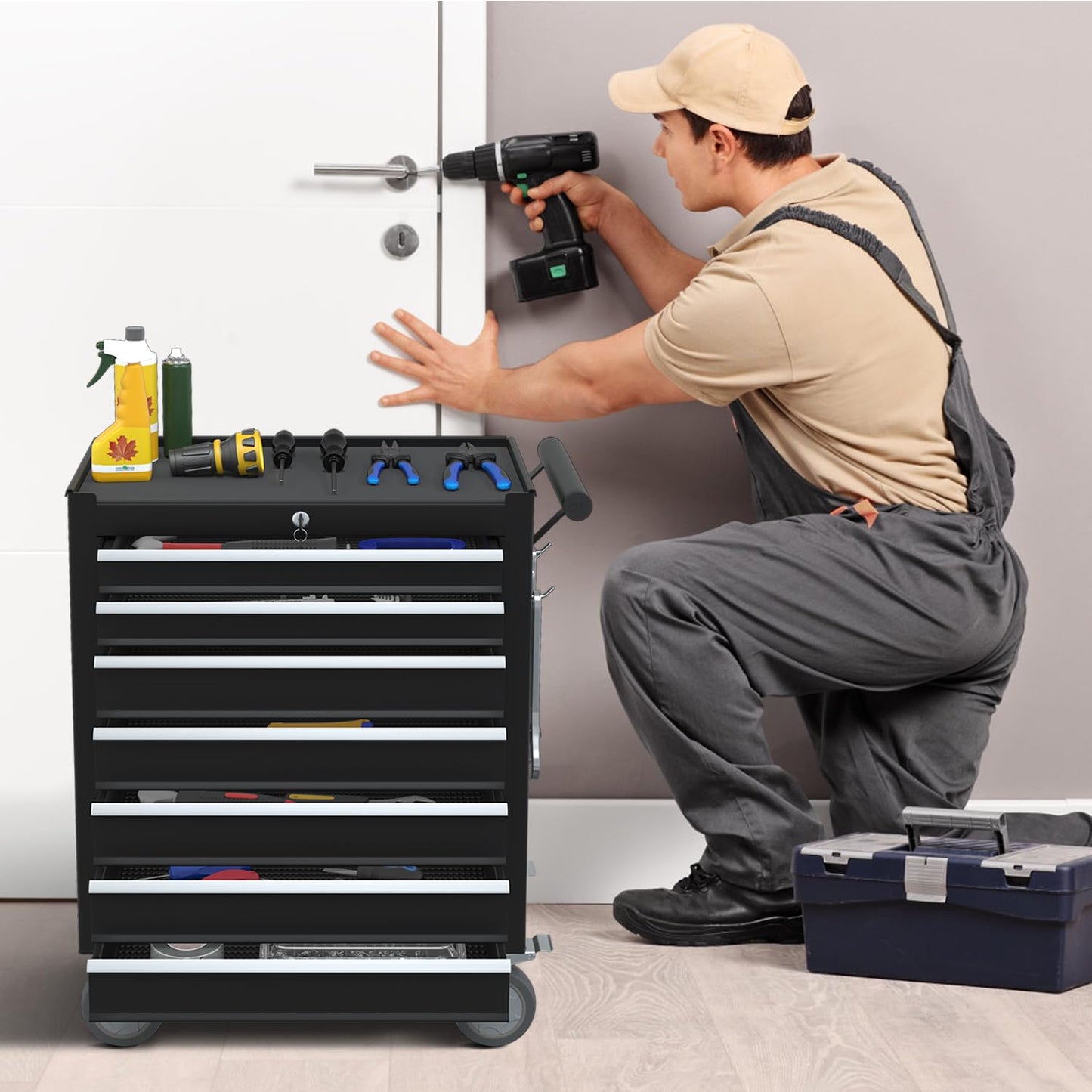 7-Drawer Rolling Tool Chest,Metal Rolling Tool Chest with Wheels and Locking Tool Box,Portable Metal Tool Box for Warehouse,Garage, Repair Shop, Workshop (Black, 7-Drawer)