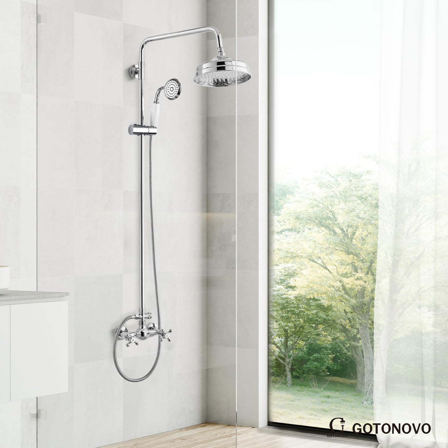 gotonovo Luxury Exposed Shower Faucet Set Bathroom Shower System 8 Inch Wall Mount Rainfall Shower Head with Handheld Spray Cross Double Handle Shower Fixture Adjustable Straight Rod Polish Chrome