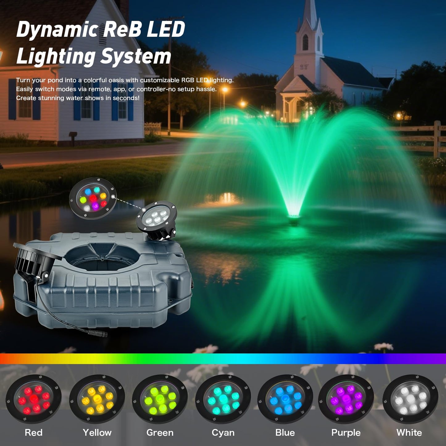 ShuDwrpu Premium LED Pond Fountain with RGB Lighting System, Stainless Steel Rotor, All-Copper Motor, Remote Control, Dynamic Color Changing, for Garden Ponds (Two Lights)