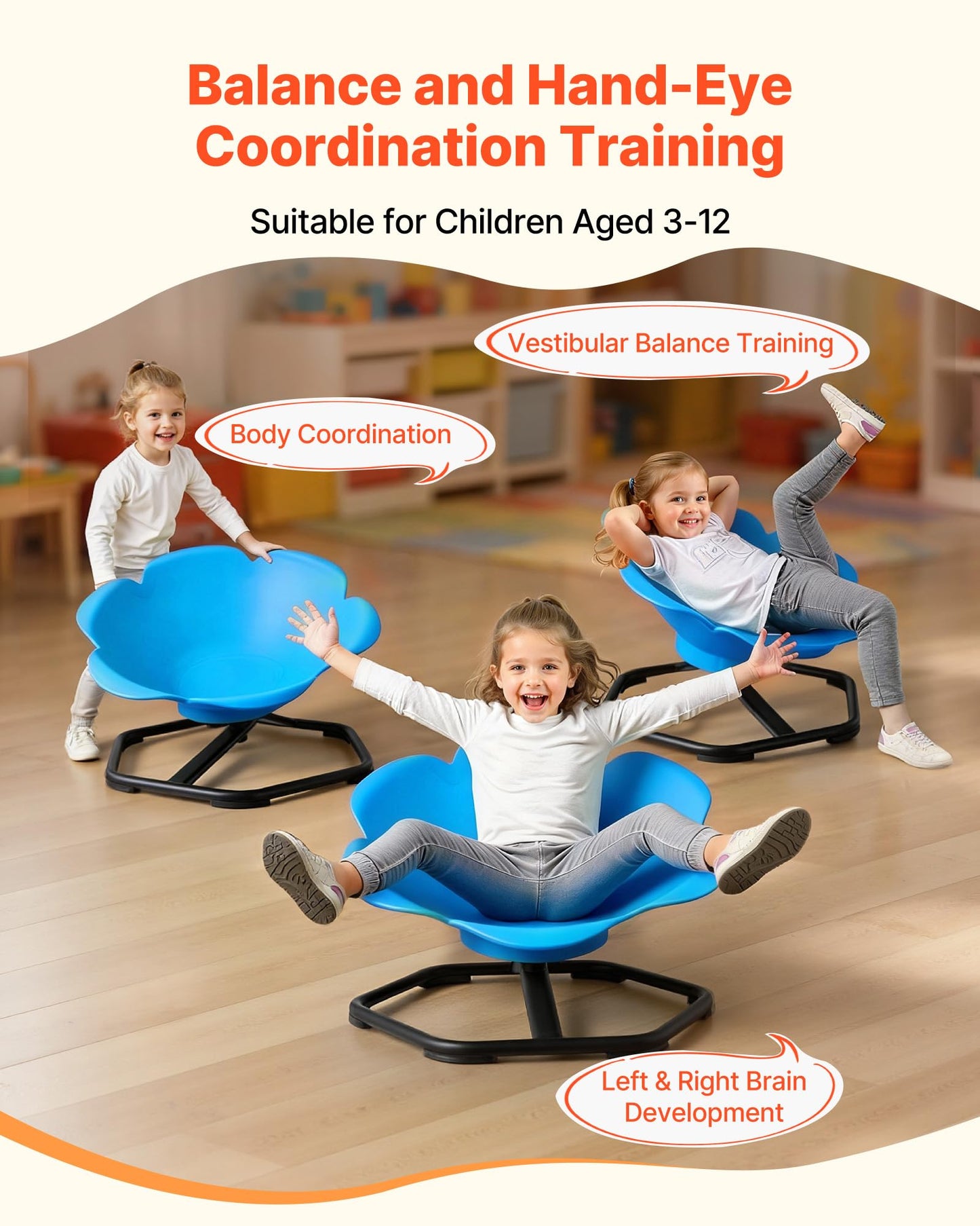 VEVOR Kids Swivel Chair, 220 lbs Capacity, Cylinder Shape Sensory Spinning Chair, Autistic Kids Sensory Toy Seat with Non-Slip Metal Base, Toddler Sit & Spin Seat for Coordination Balance Focus, Blue