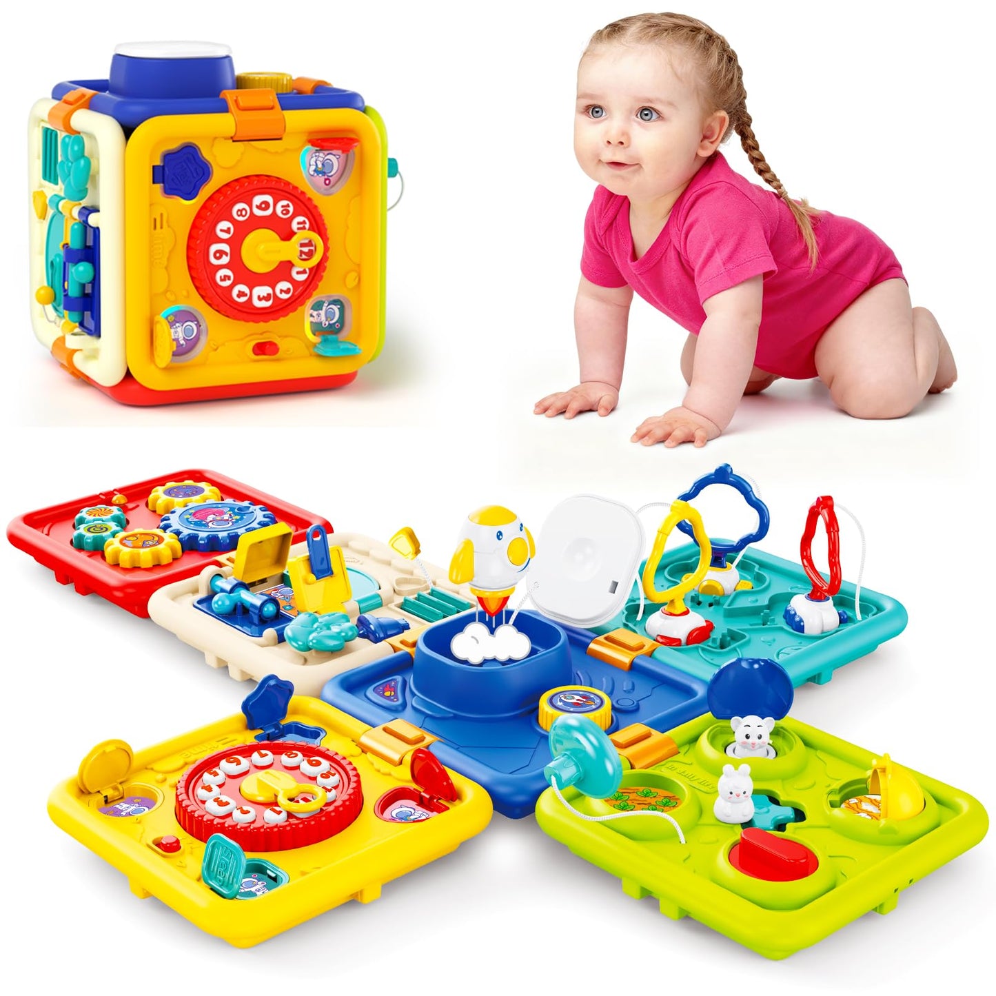 Covsen Montessori Toy for 1+ Year Old Girl Gift – 6-in-1 Busy Board for Toddlers 1 2 3 4 Year Old – Educational Sensory Early Development Toys– First 1st Birthday Gifts for Kids