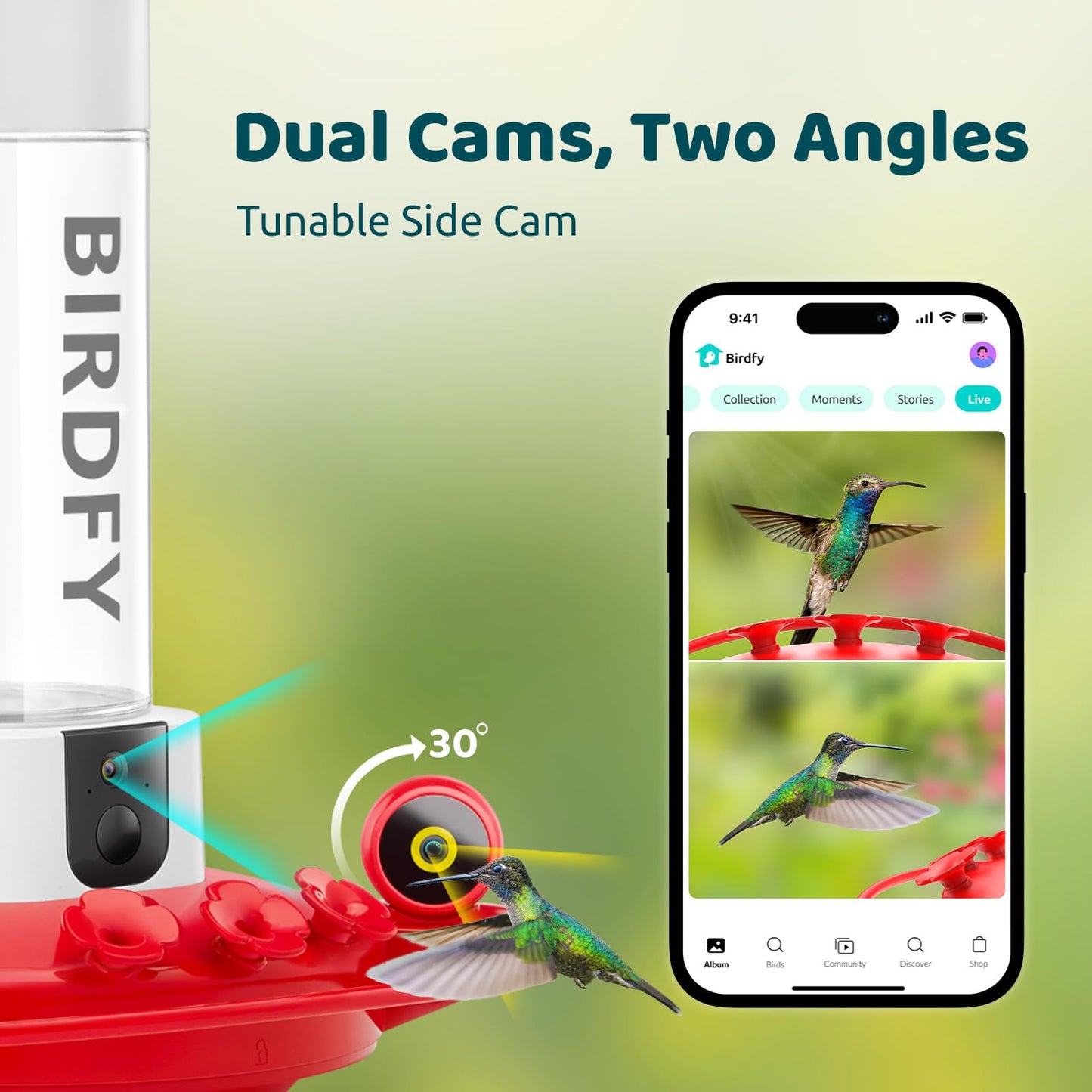 NETVUE by Birdfy Hummingbird Feeder with 2 Cameras Solar Powered - Dual Smart Cams, 2K HD Wireless for 2 Angels Close-up Bird Watching Outdoor, Instant Notifications & Permanent AI Identify (20Oz)