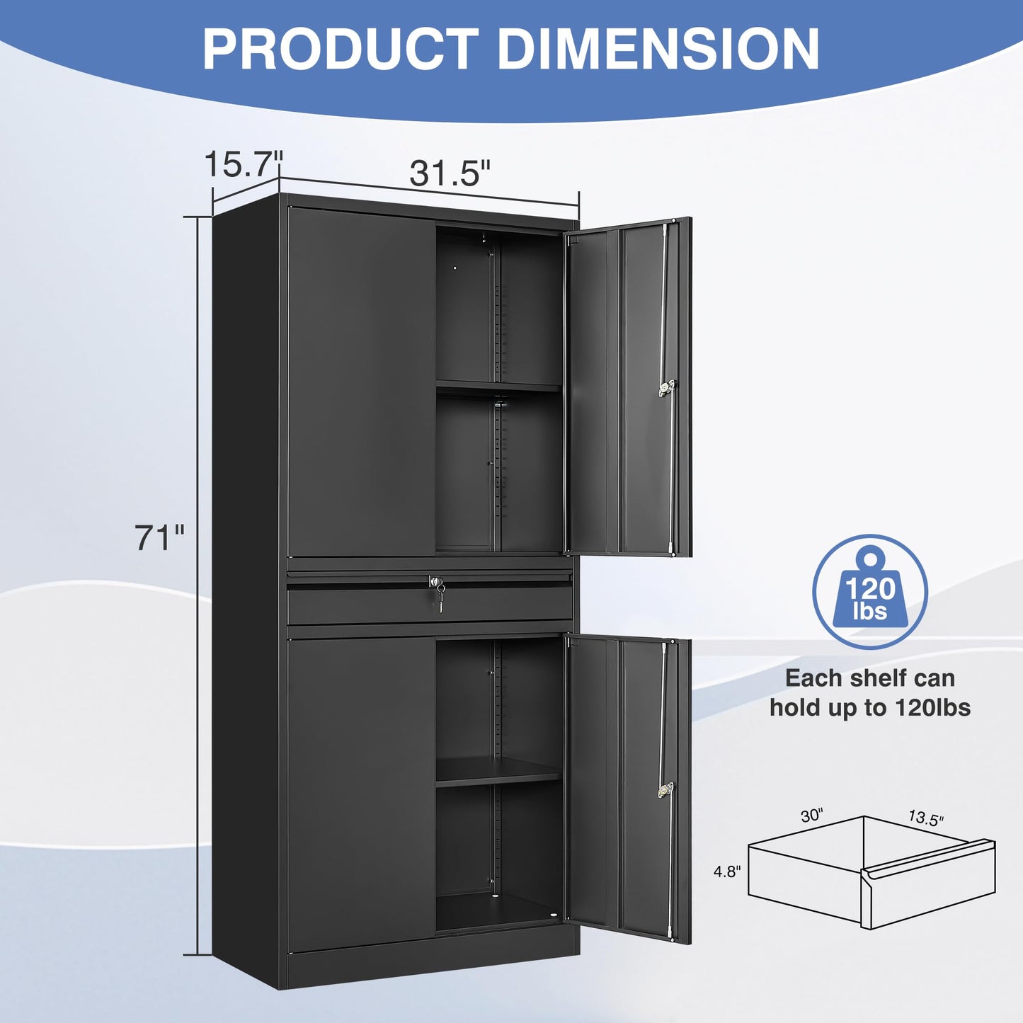 LISSIMO Metal Storage Cabinet with with Drawer, Garage Storage Cabinet with Locking Doors and Adjustable Shelves for Garage, Home Office,Warehouse (Black)