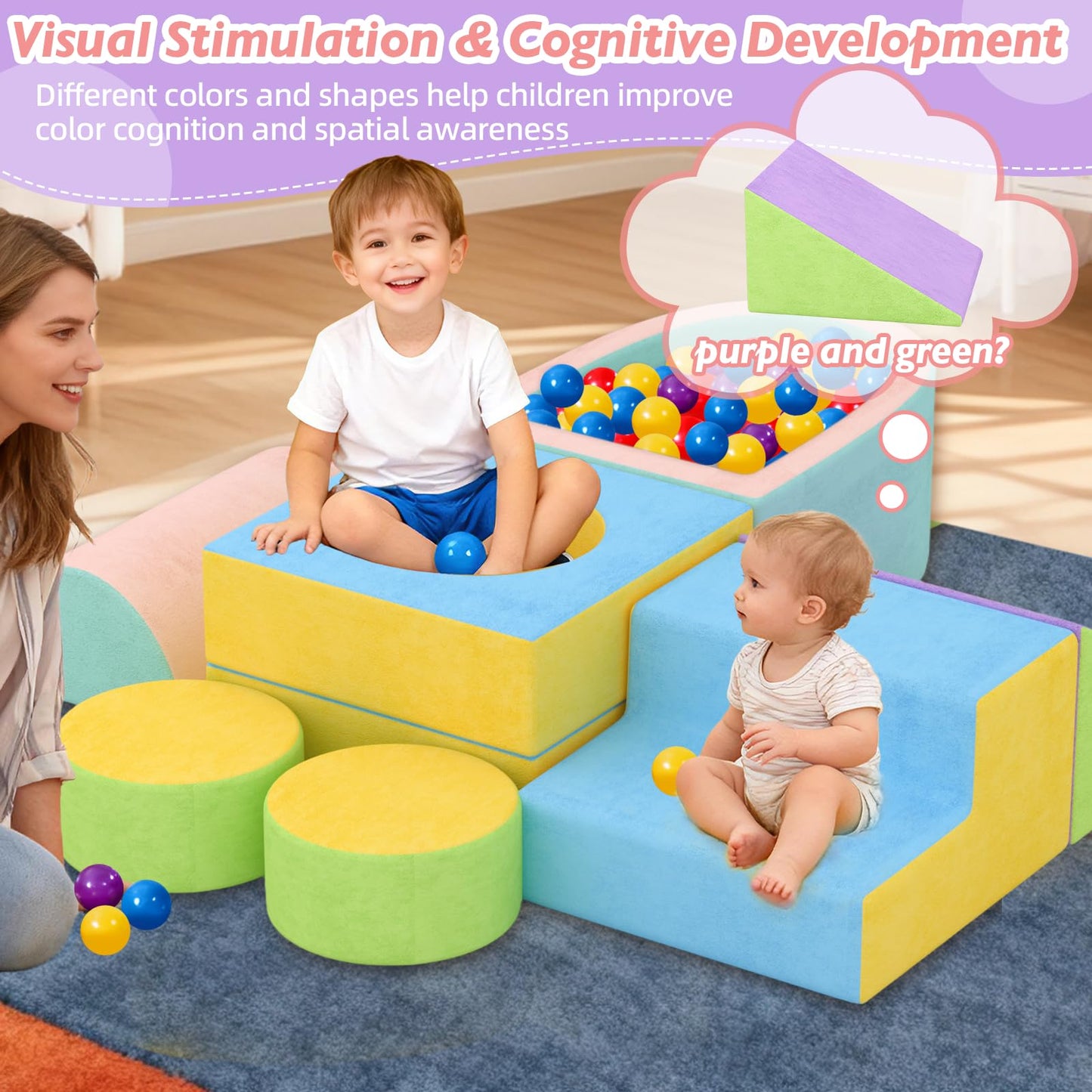 JUOIFIP Toddler Climbing Toys Indoor, 6-Piece Baby Foam Climbing Blocks with Ball Pit, Colourful Soft Play Set for Toddlers 1-3 Years Old, Kids' Indoor Climbers & Play Structures (Balls not Included)