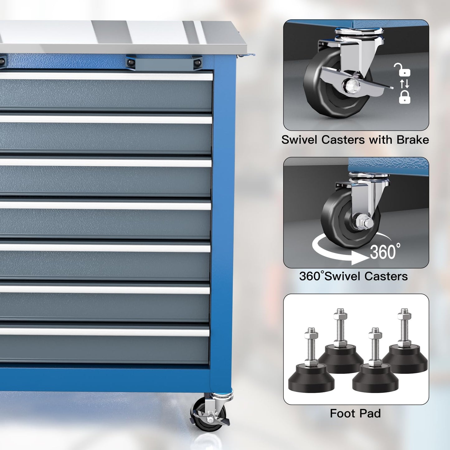 LARBANKE 7-Drawer Rolling Tool Chest with 360°Wheels and Padded Feet,Tool Chest with Stainless Steel Countertop,Tool Cabinet with Secure Locking System,for Home, Garage and Office