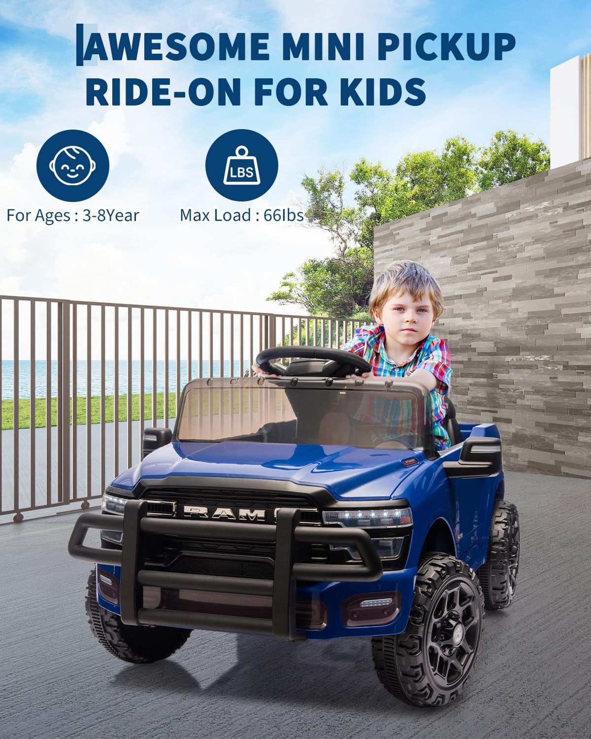 Garvee Kids Ride On Cars, Licensed RAM 12V Electric Ride On Truck Car w/Remote Control, Electric Pickup Car for Toddlers, Spring Suspension, LED Lights, Music, Ride On Toys for Boys Girls