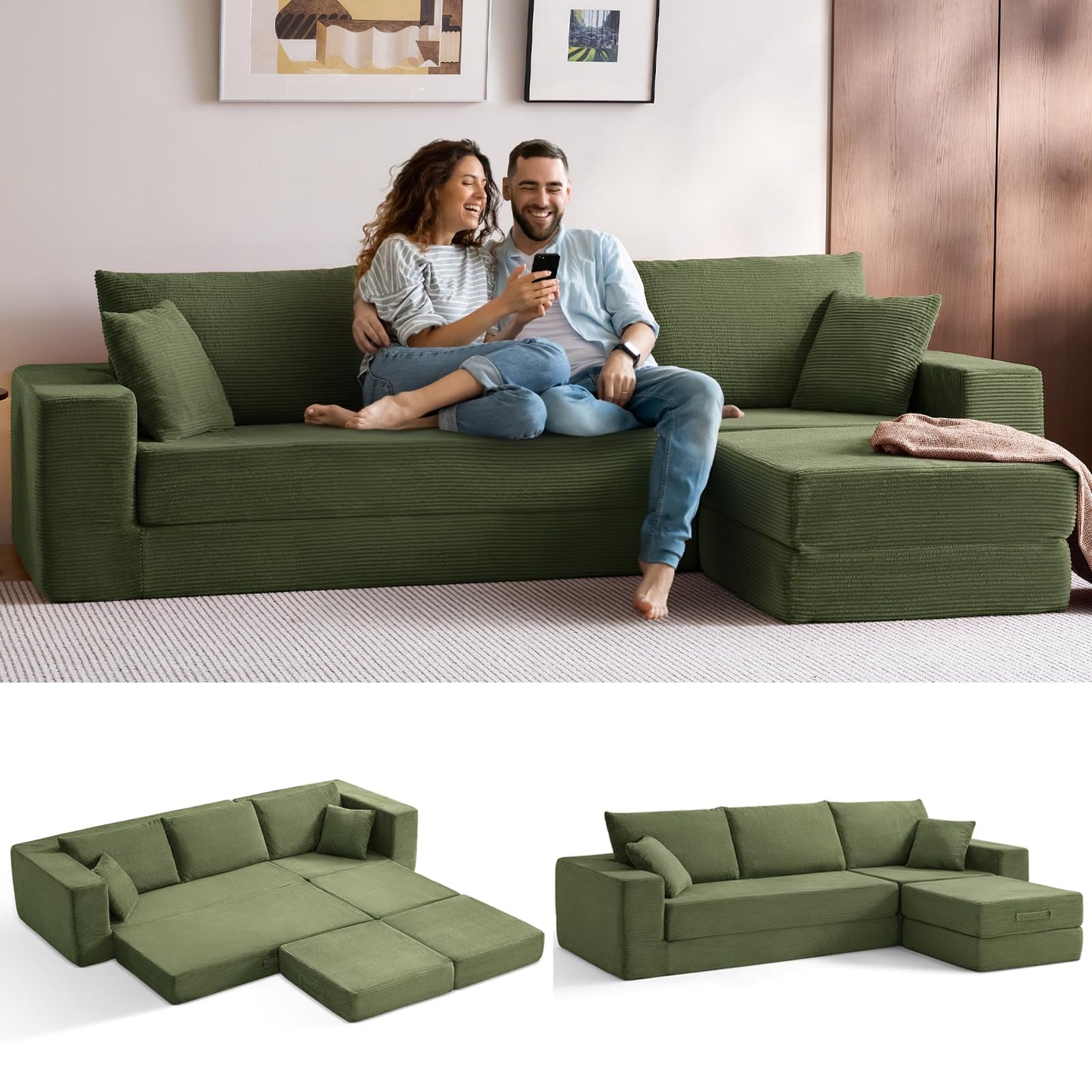 LINSY HOME Oversized Convertible Sofa Bed with 2 Pillows & Ottoman, Corduroy Boneless Couch Folding Modular Sleeper Sofa, L Shaped Couch Floor Sofa for Living Room Apartment, Upgrade Backrest (Green)