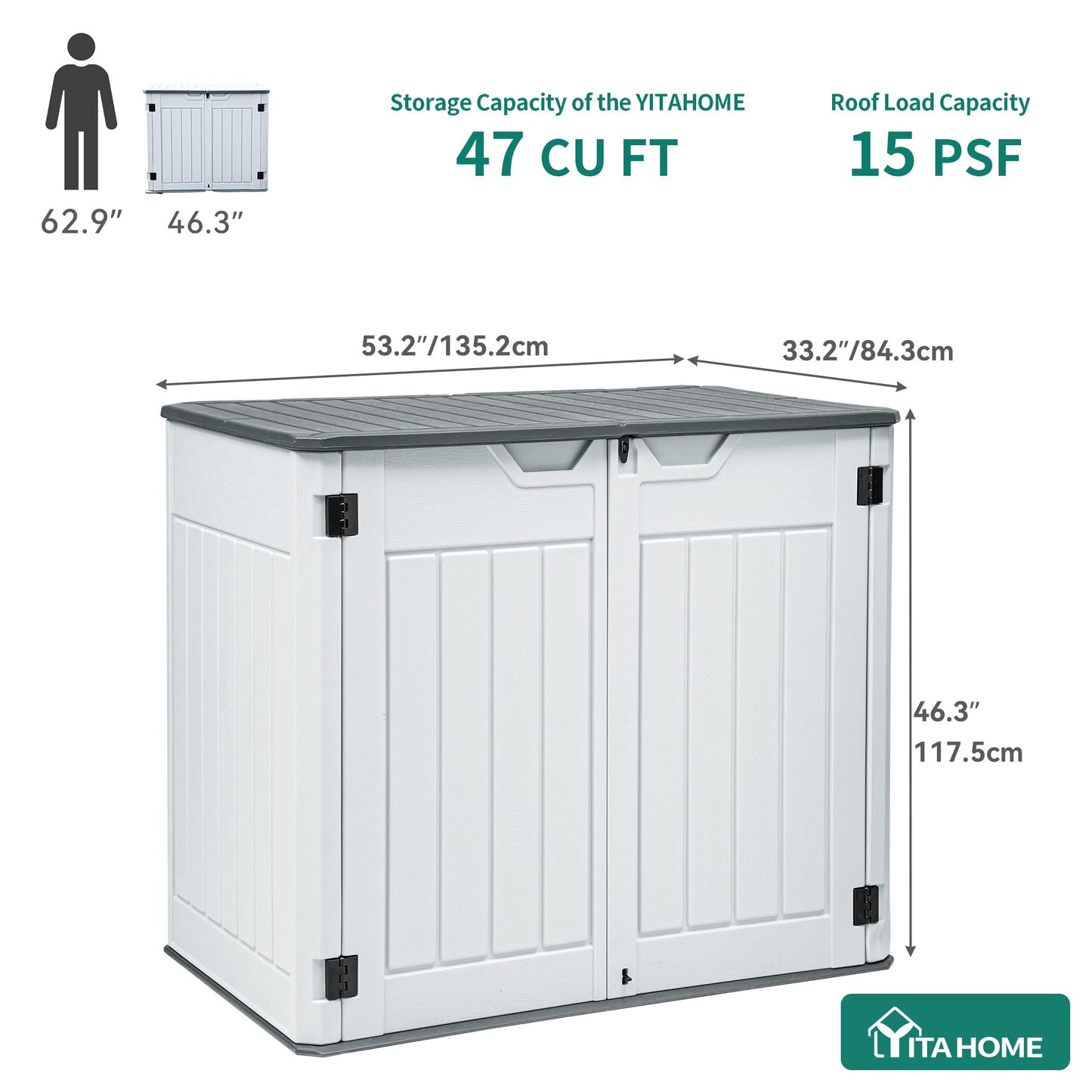 YITAHOME Extra Large Outdoor Horizontal Storage Shed, 4.5x4ft Resin Tool Sheds w/o Shelf, Easy to Assemble Waterproof Storage for Trash Cans, Garden Tools, Lawn Mower, Lockable, Light Gray