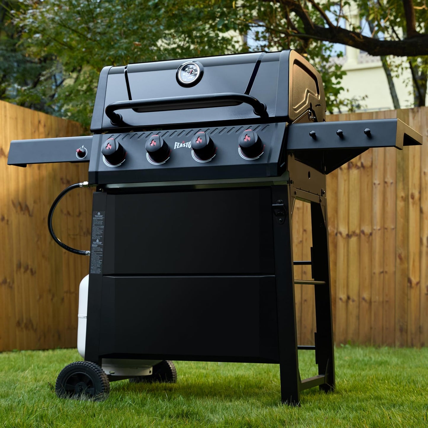 Feasto 4 Burner Gas Grill, 36,000 BTU Outdoor BBQ Grill with Side Table for Outdoor Cooking & Backyard Barbecue, Premium Enameled Coated Chamber Body with Porcelain-Enameled Grates, Black