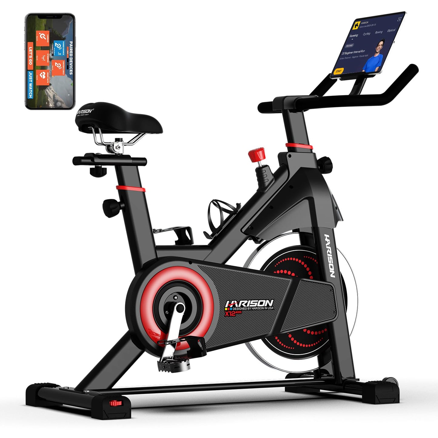 HARISON Exercise Bike, Magnetic Stationary Bike for Home Gym, Adjustable Resistance Quiet Dual-Belt Indoor Cycling Spin Bike with 380lb Capacity, APP Connectivity, Push-to-Stop, 6-Level Handlebar