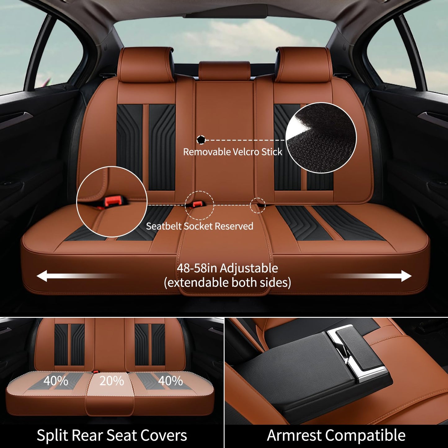 FLORICH Car Seat Cover 5PCs, Seat Cover Full Set, Waterproof Seat Protectors, Brown Leather Seat Covers for Cars, Universal Automotive Vehicle Cushion fit for Most Cars (Brown&Black)