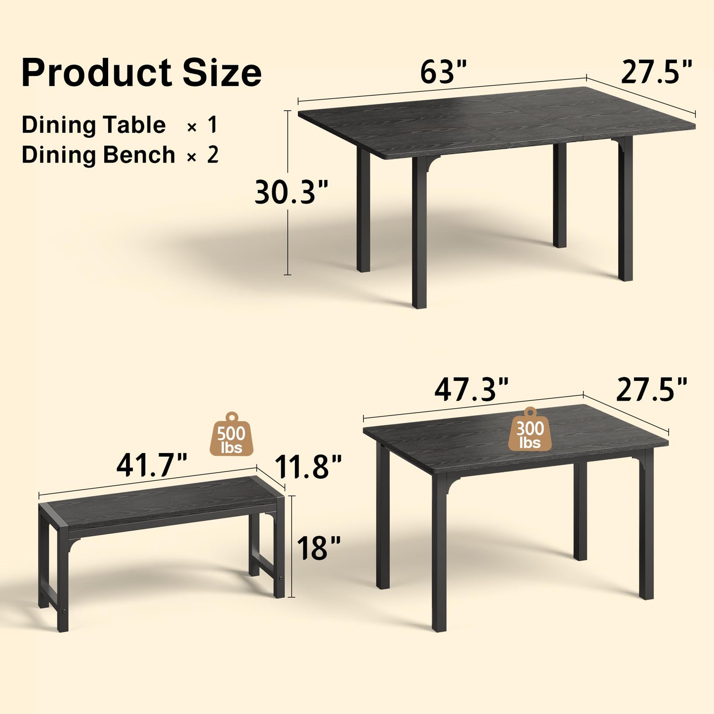 Ahomly 63“ Large Extendable Dining Table Set for 4-6 with 180° Smart-Flip Pivot, Kitchen Table Set with Bench, Dining Room Table with Metal Frame & MDF Board, Perfect for Small Space, Black