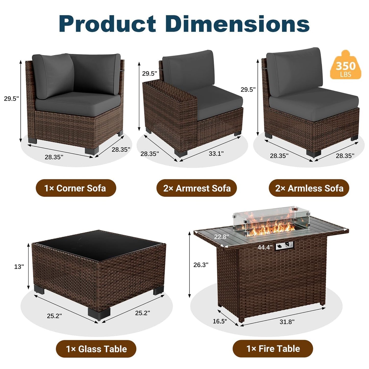 VONZOY Patio Furniture Set with Fire Pit Table, 7 Piece Outdoor Sectional Conversation Sets Wicker Rattan Sectional Sofa with Coffee Table for Patio Garden Backyard, 4'' Thickened Cushion Dark Grey