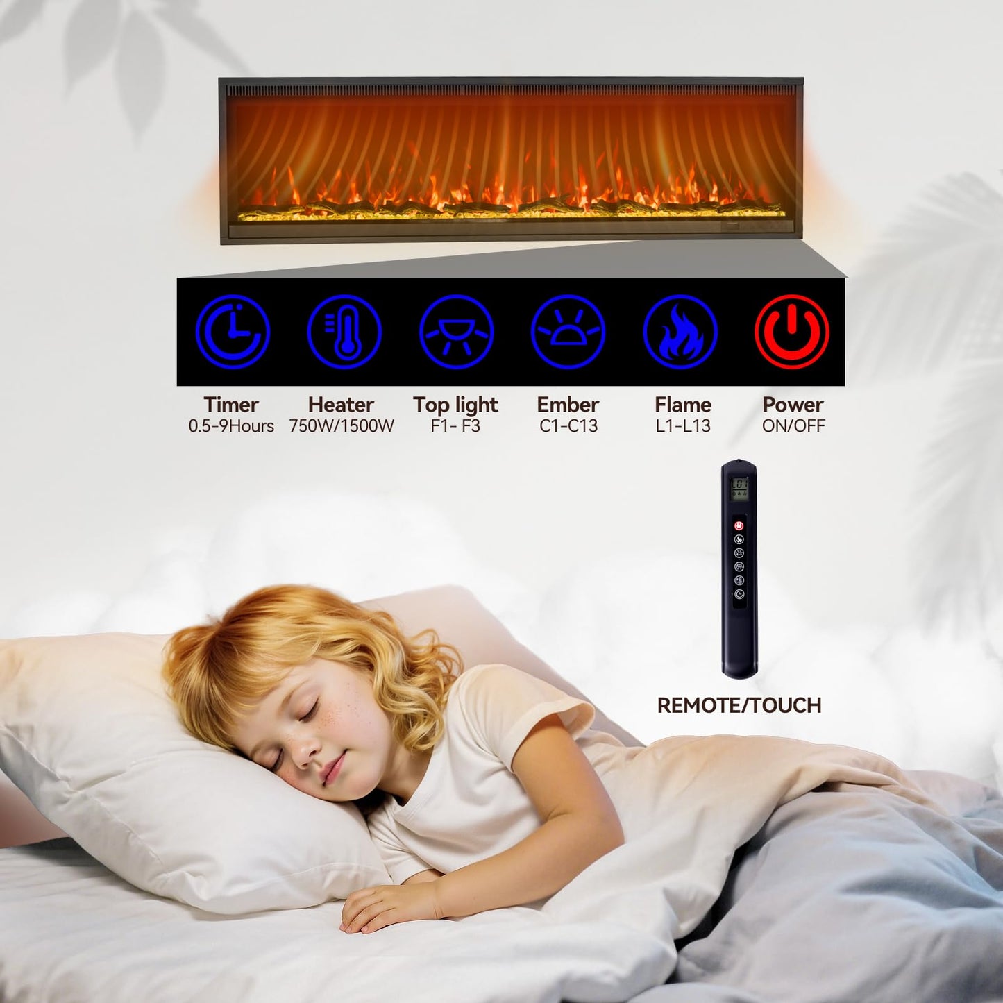 60" Linear Electric Fireplace Heater Insert: Ultra-Narrow Frame Wide Screen, 13 Flame & Ember Colors, 3 Top Light Colors. Wall Mount/Recessed,1500W/750W with Remote & Touch Control, Log & Crystal Set