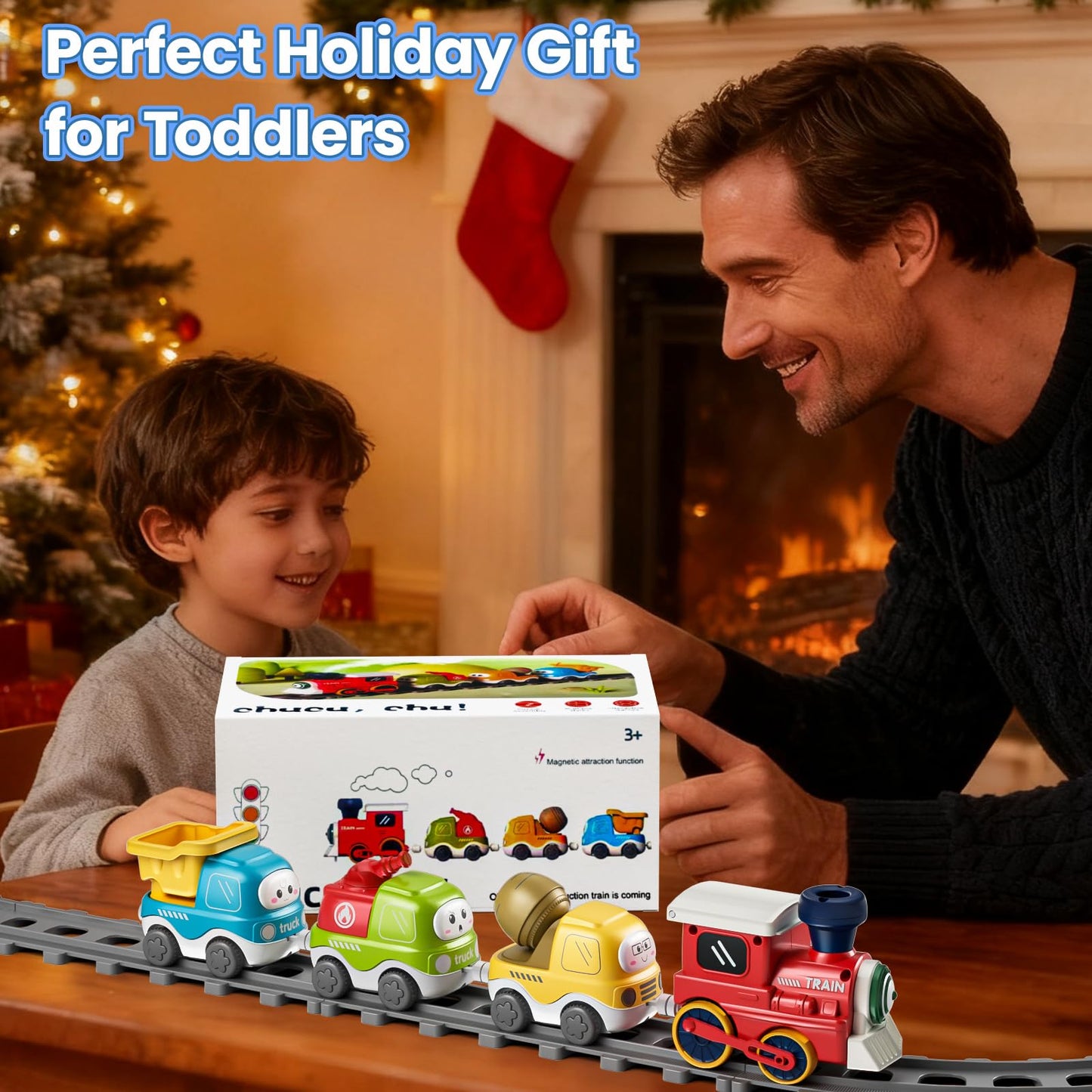 Dimoarch Electric Train Set for Toddlers with Sound & Lights, Magnetic Connection Train Toys with Tracks & Road Signs, Christmas Birthday Gift for 3 4 5 6 Year Old Boys Girls