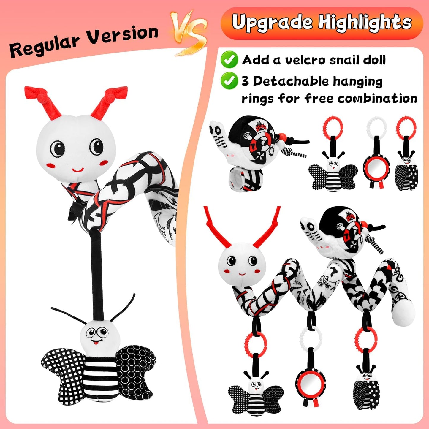 Zendstanding High Contrast Baby Toys for Newborn, Black and White Baby Sensory Toys 0-12 Months with Car Seat Toys & Soft Plush Toy, Activity Hanging Toys Velcro for Stroller Toys Baby Gifts