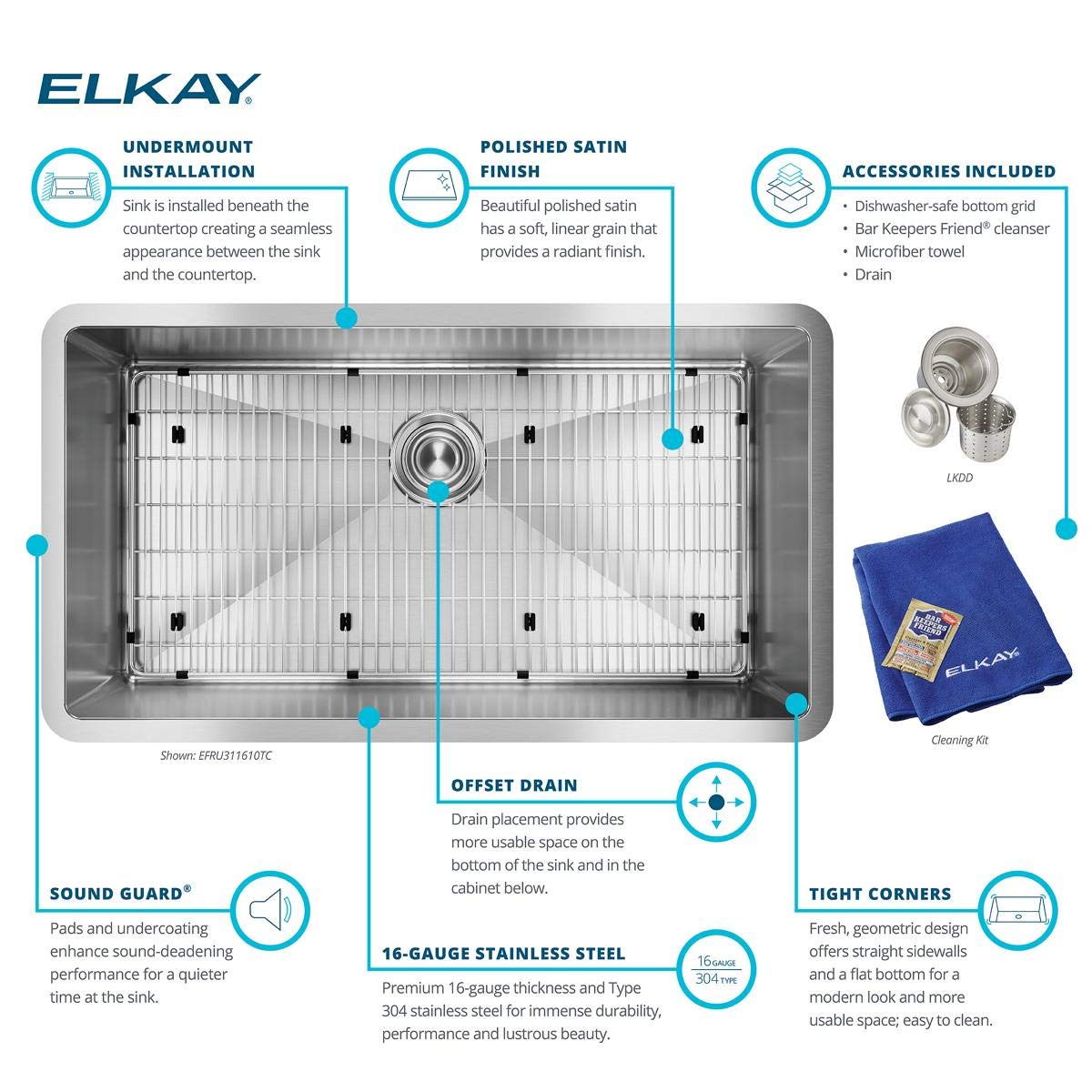 Elkay Crosstown 16 Gauge Stainless Steel 32-1/2" x 18" x 10" Single Bowl Undermount Sink Kit