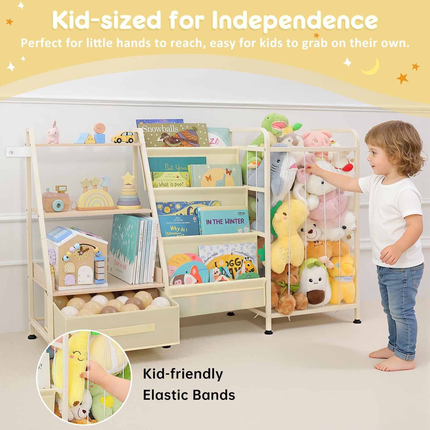 Fabuday Kids Bookshelf and Toy Storage Organizer - 4 Tiers Large Toddler Baby Sling Book Shelves for Kids Room with Stuffed Animal Storage, 3 Tier Montessori Childrens Bookcase for Nursery, Playroom