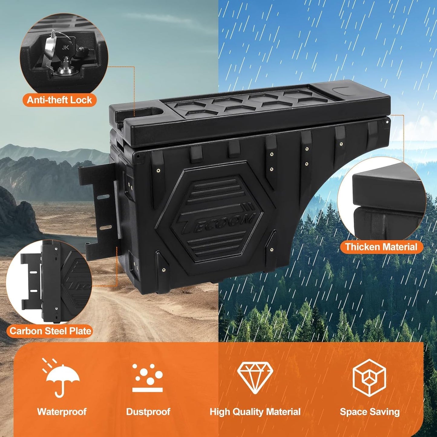 Tecoom Truck Bed Toolbox Lockable Waterproof Truck Bed Storage Box Fit for Ford F150 Driver Passenger Side Double Layer Swing Wheel Well Tool Box for Truck Trunk Storage Organizer, 20L/5.28Gal, Black